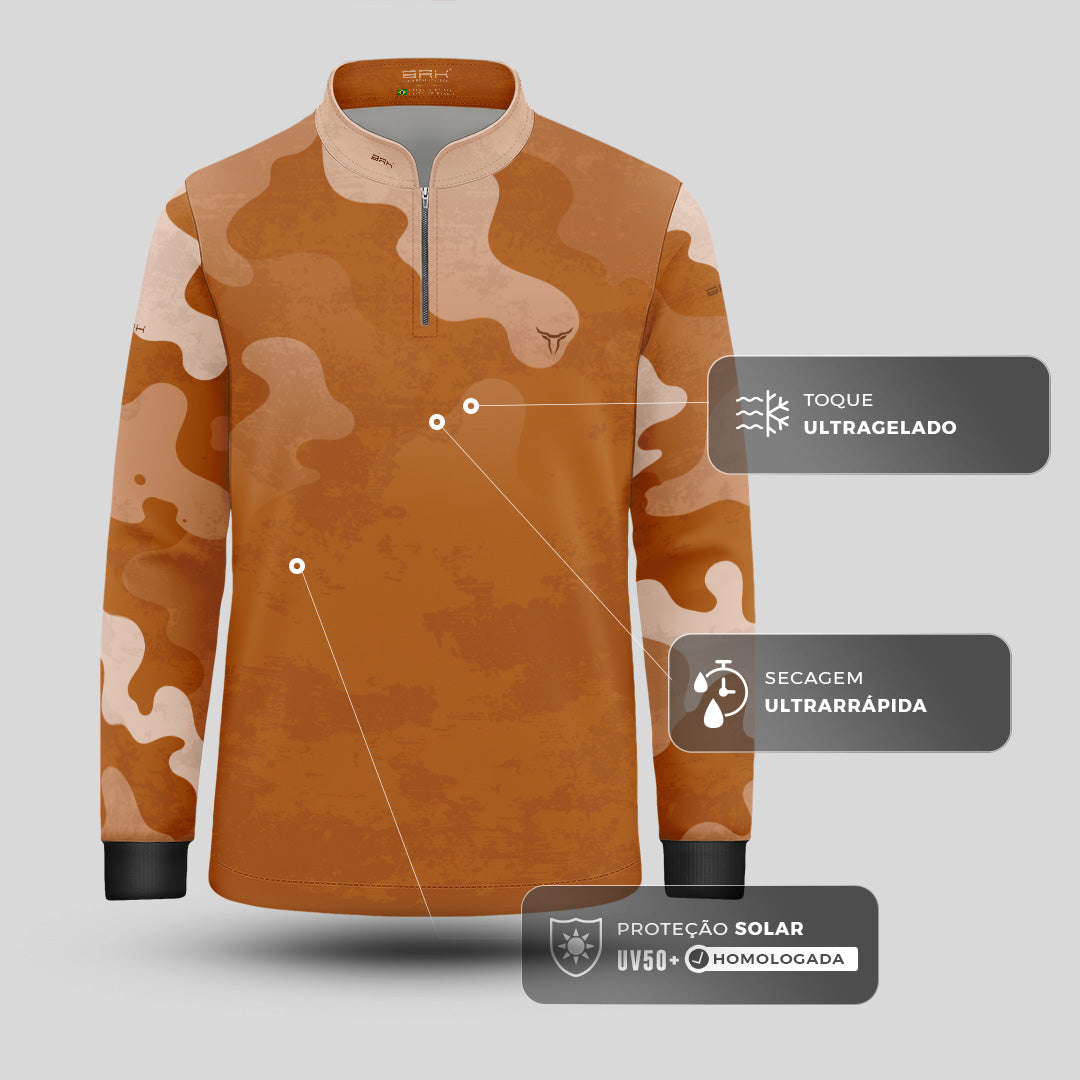 Camisa Agro Infantil Brk Camuflado Cow Print Laranja com Proteção Solar UV50+
