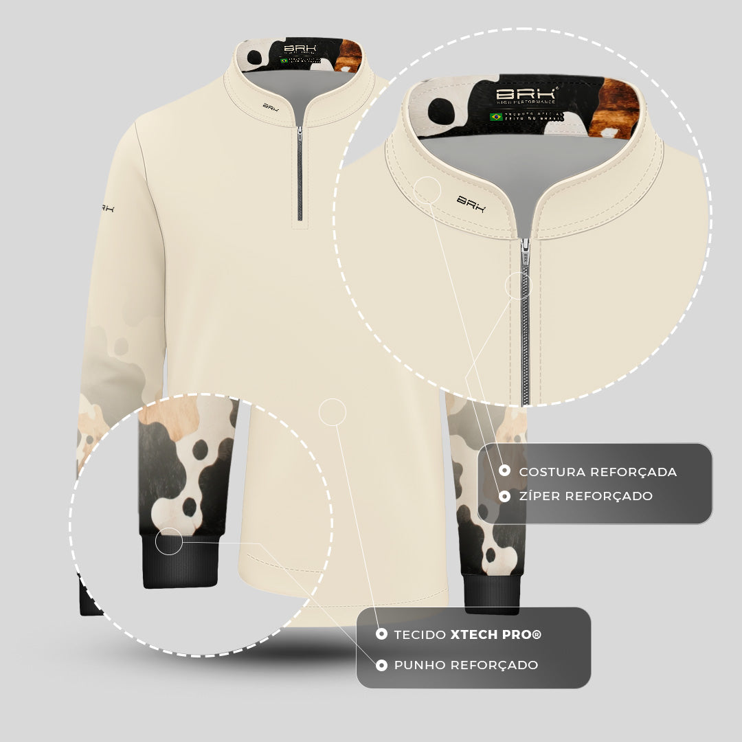 Camisa Agro Infantil Brk Camuflado Cow Print Bege com Proteção Solar UV50+