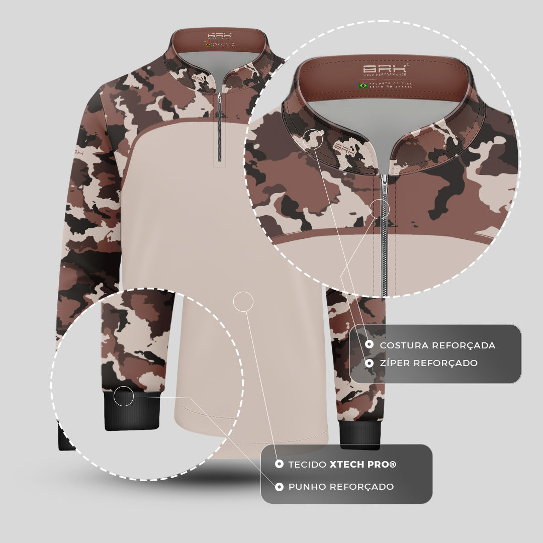 Camisa Agro Infantil Brk Camuflado Cow Print Creme com Proteção Solar UV50+