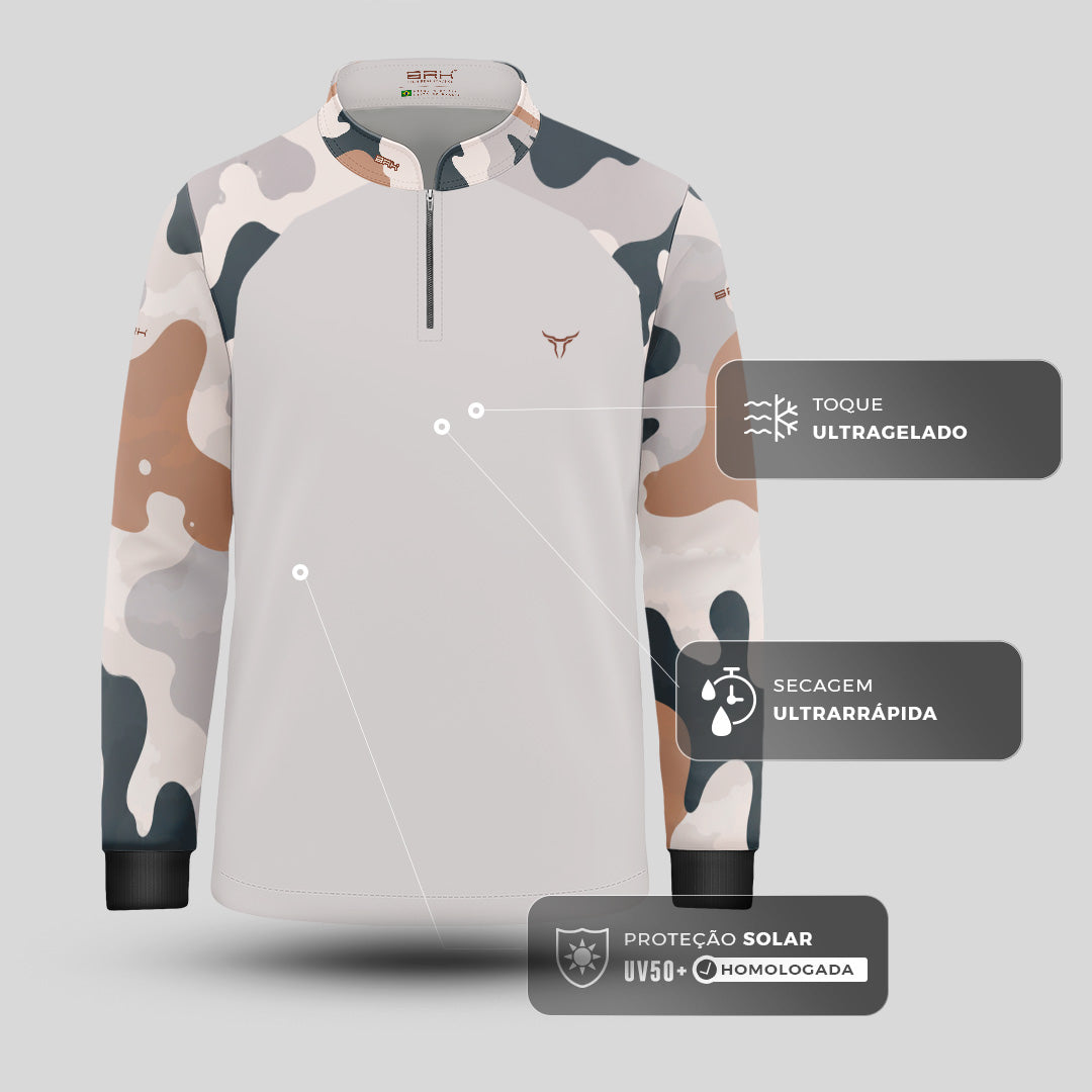 Camisa Agro Infantil Brk Camuflado Cow Print Cinza com Proteção Solar UV50+