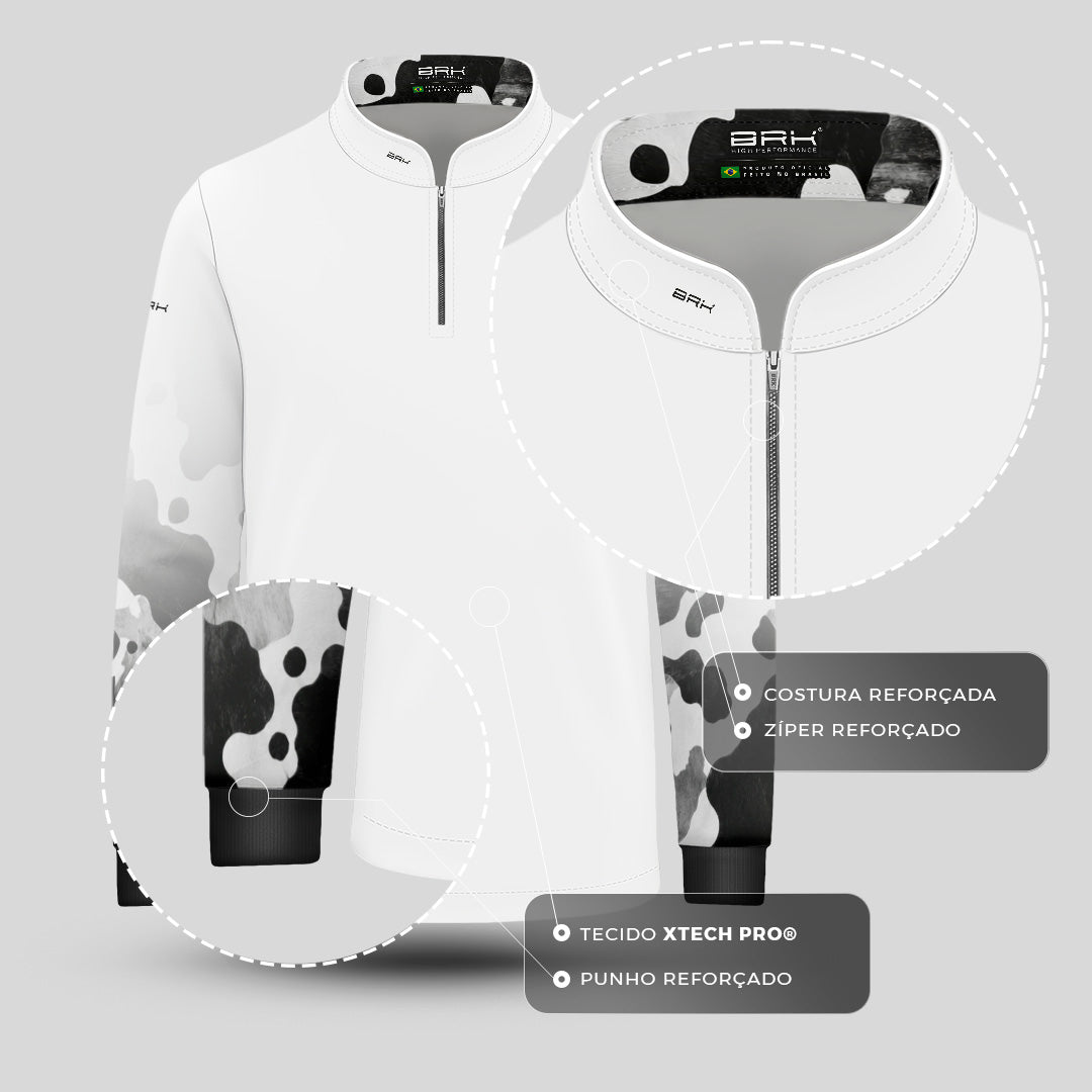 Camisa Agro Infantil Brk Camuflado Cow Print Preto e Branco com Proteção Solar UV50+