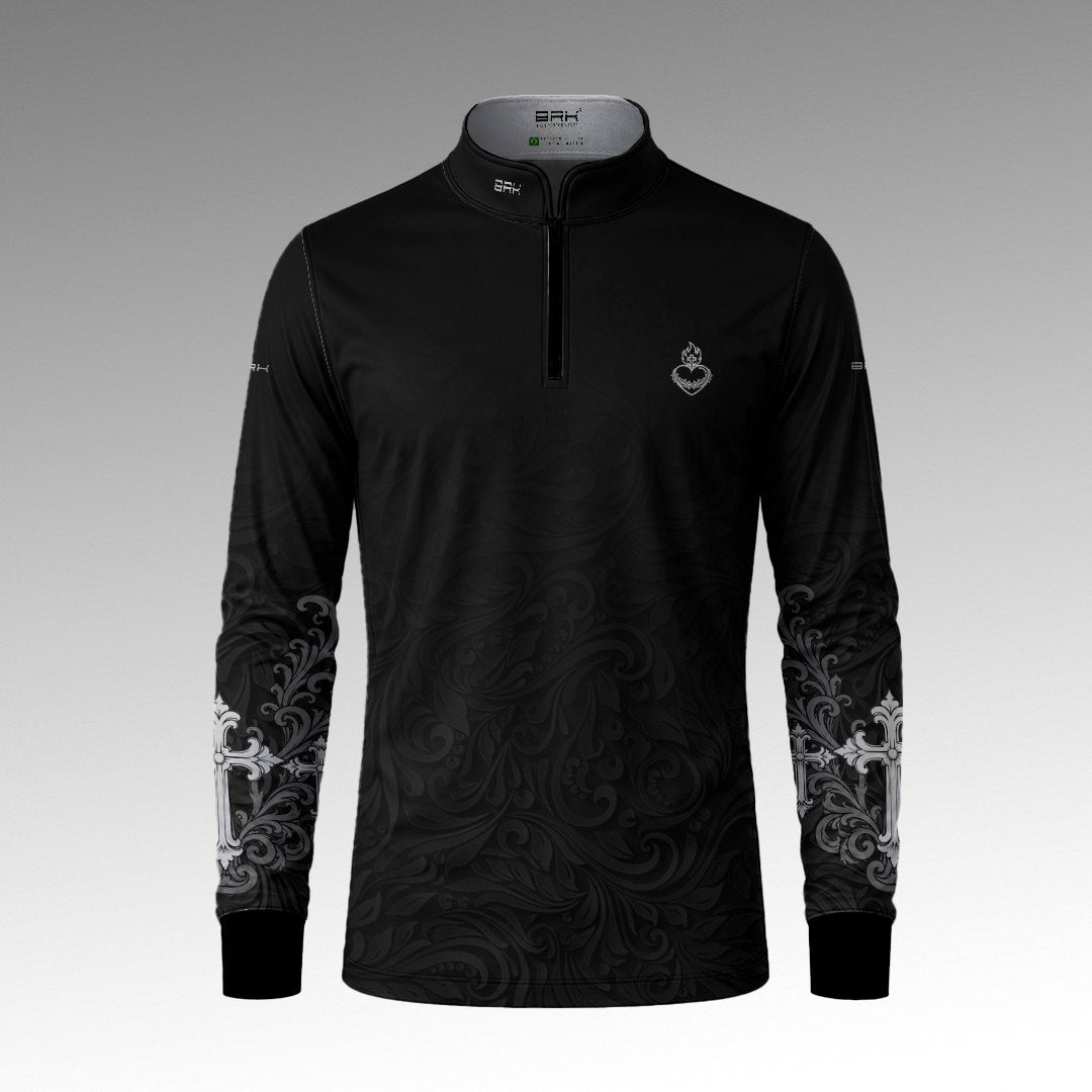 Camisa Brk Nossa Senhora Aparecida Rogai por Nós Preto e Prata com Proteção Solar UV50+