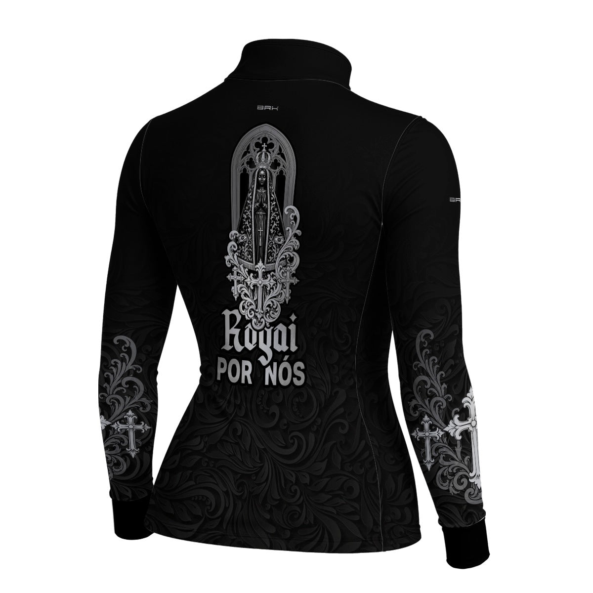 Camisa Feminina Nossa Senhora Aparecida Rogai por Nós Preto e Prata com UV50