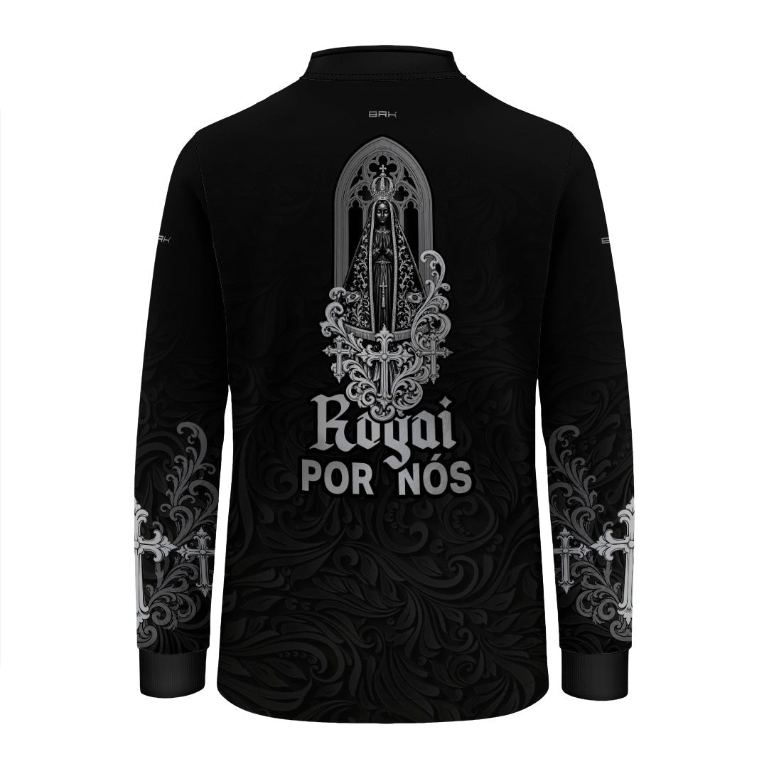 Camisa Infantil Nossa Senhora Aparecida Rogai por Nós Preto e Prata com UV50