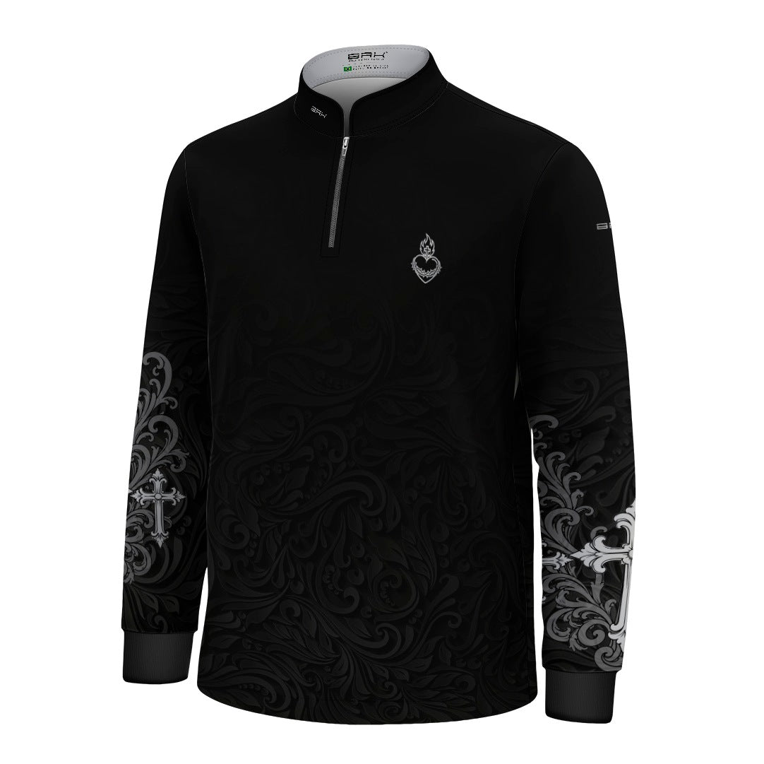 Camisa Infantil Nossa Senhora Aparecida Rogai por Nós Preto e Prata com UV50