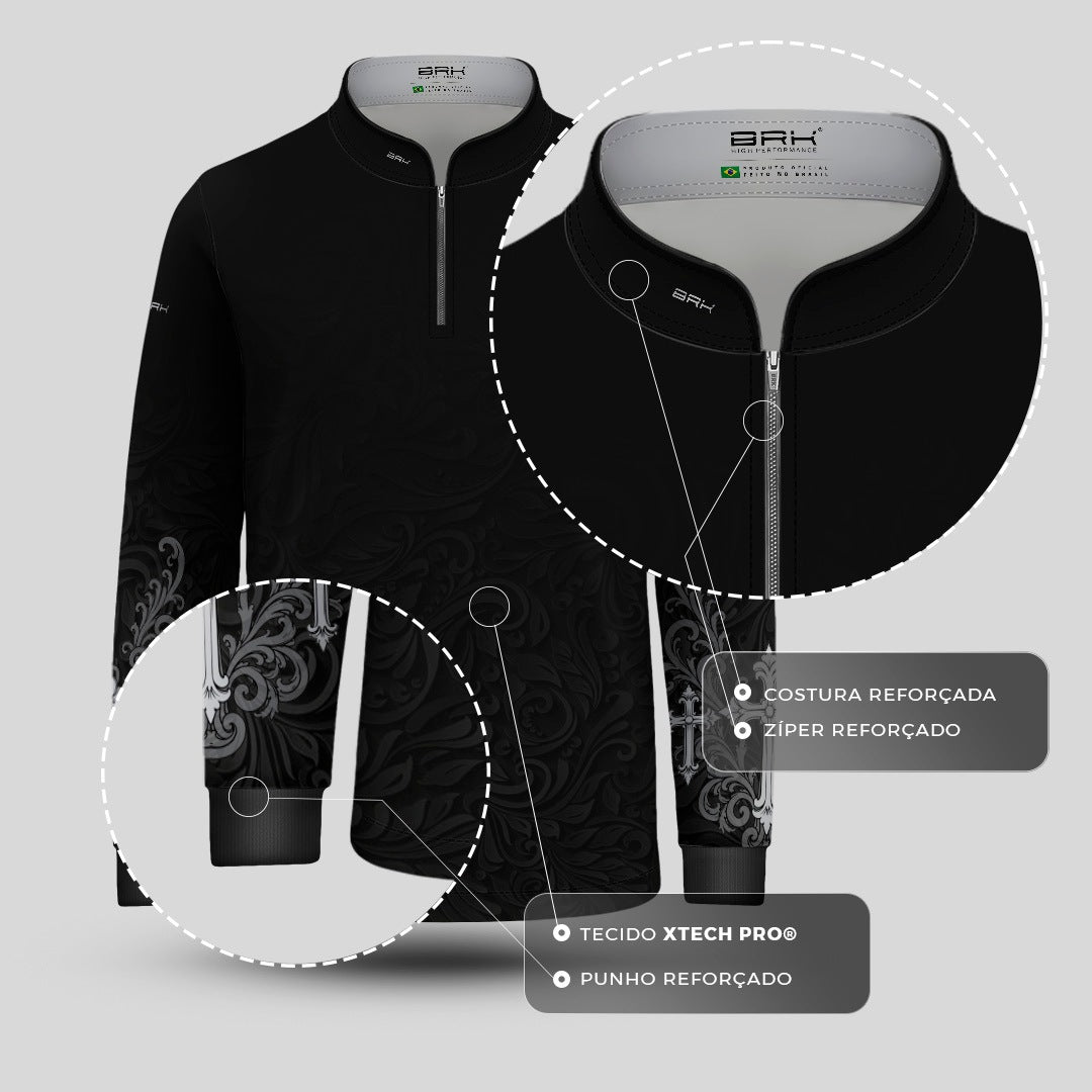 Camisa Infantil Nossa Senhora Aparecida Rogai por Nós Preto e Prata com UV50