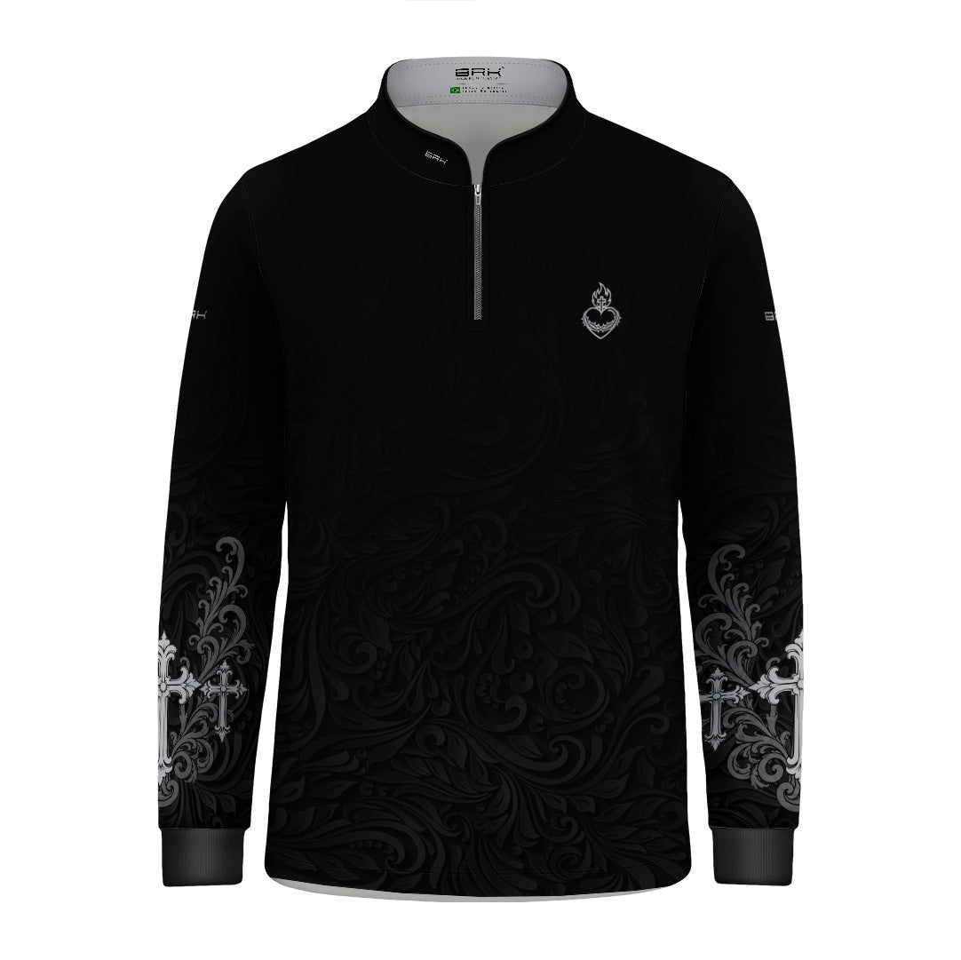 Camisa Infantil Nossa Senhora Aparecida Rogai por Nós Preto e Prata com UV50