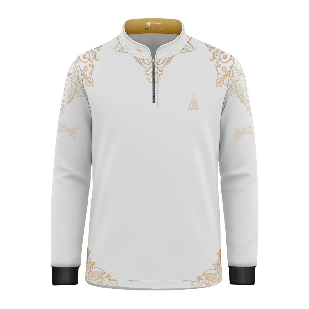 Camisa Infantil Nossa Senhora Aparecida Portuguesa Branco e Dourado com UV50