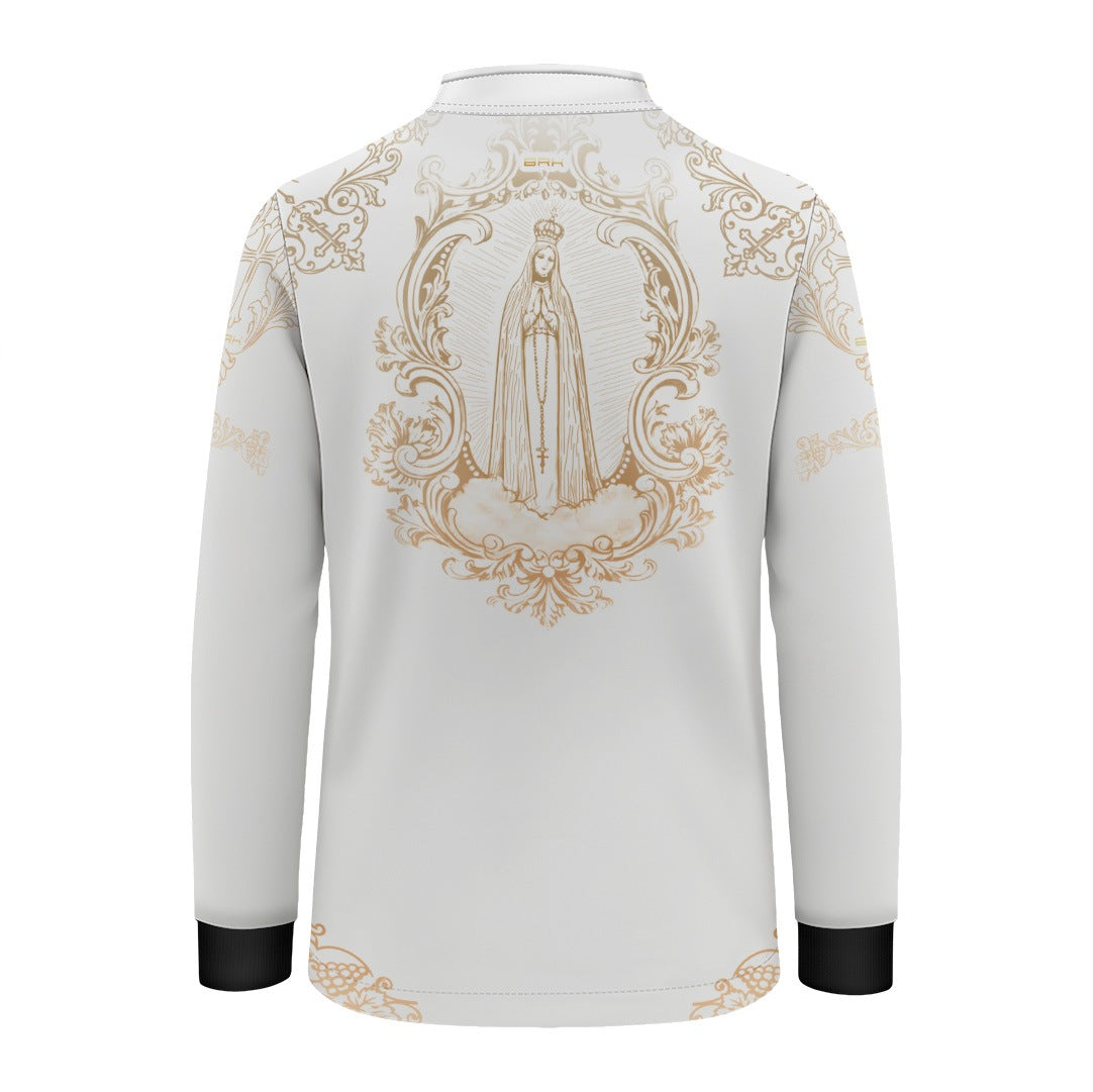 Camisa Infantil Nossa Senhora Aparecida Portuguesa Branco e Dourado com UV50