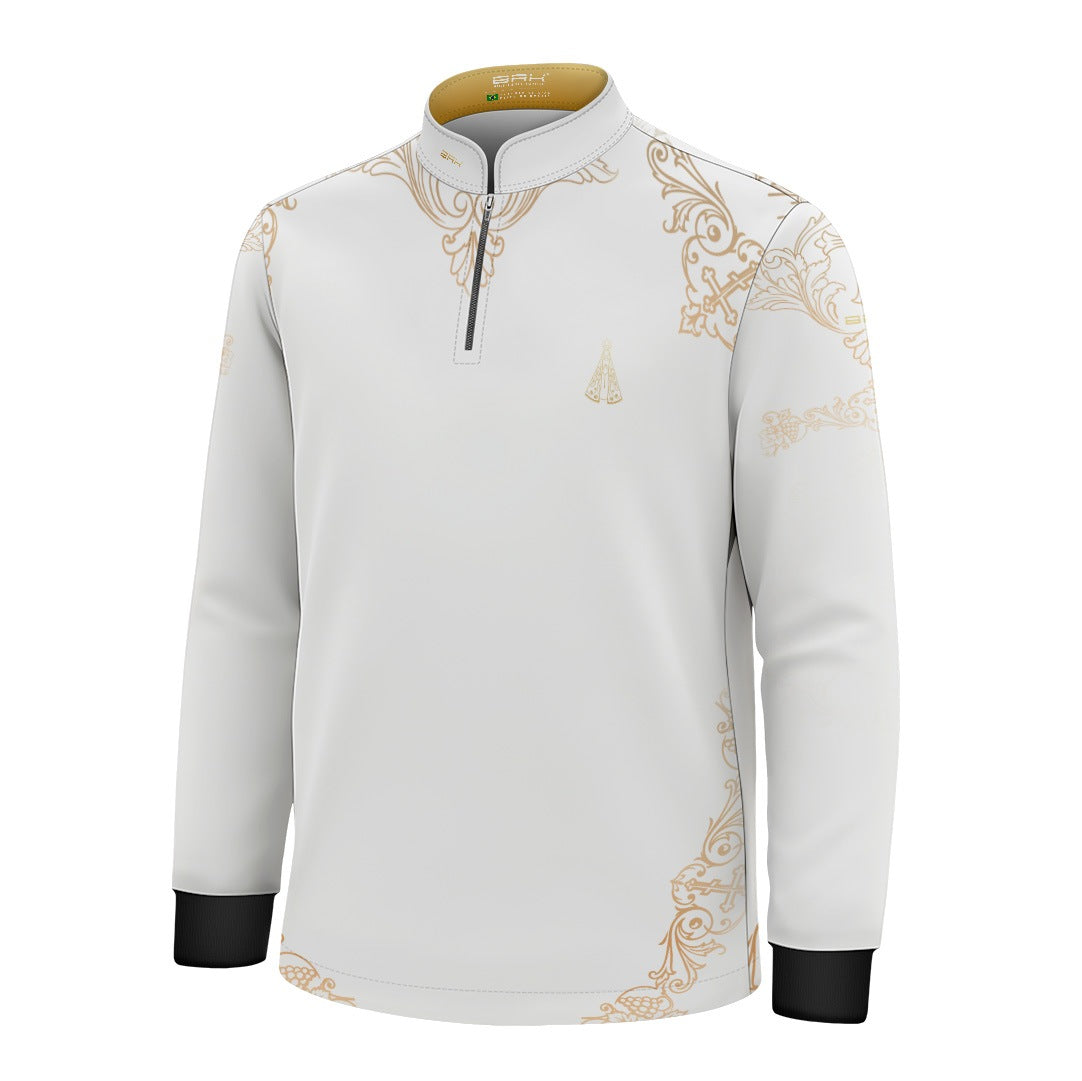 Camisa Infantil Nossa Senhora Aparecida Portuguesa Branco e Dourado com UV50