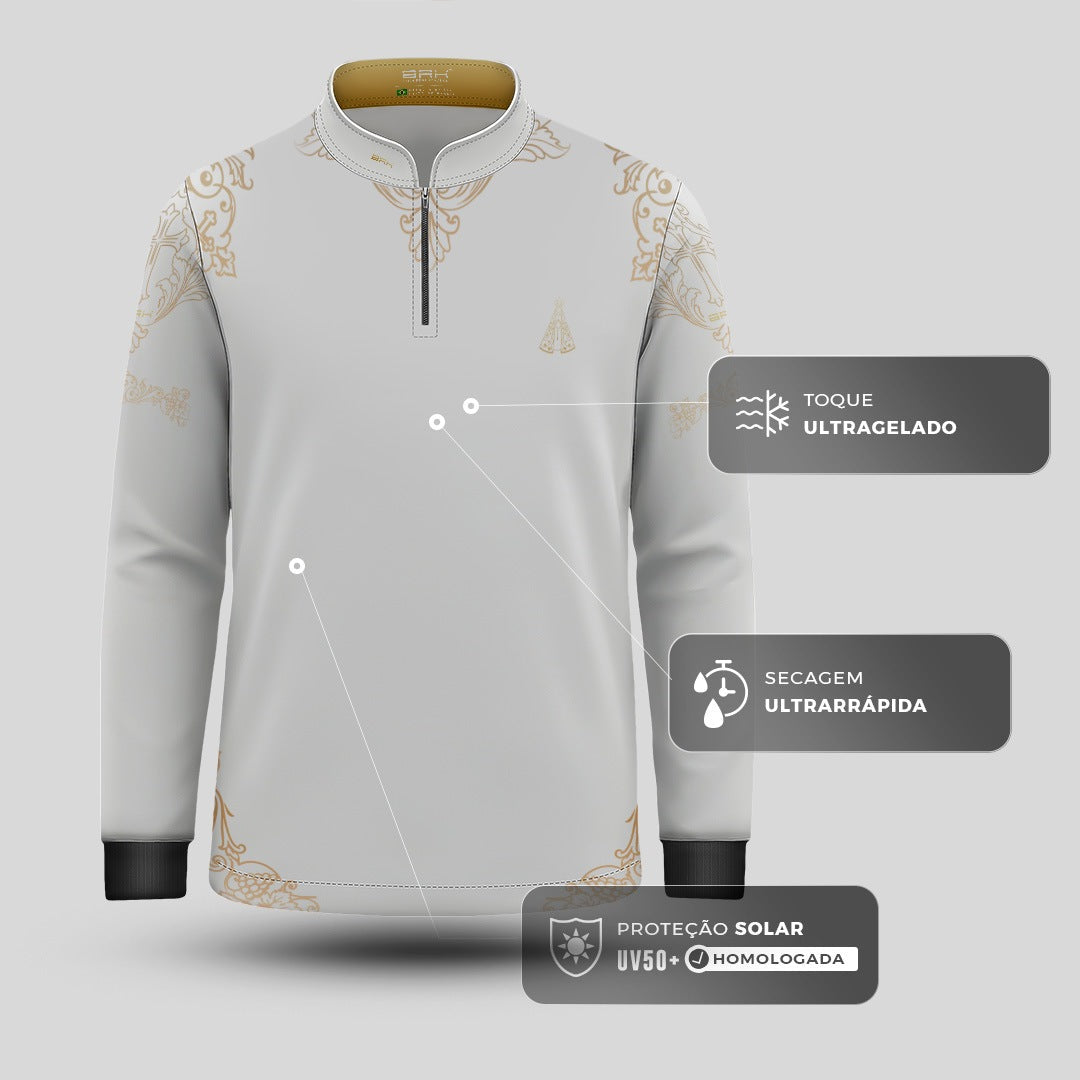 Camisa Infantil Nossa Senhora Aparecida Portuguesa Branco e Dourado com UV50