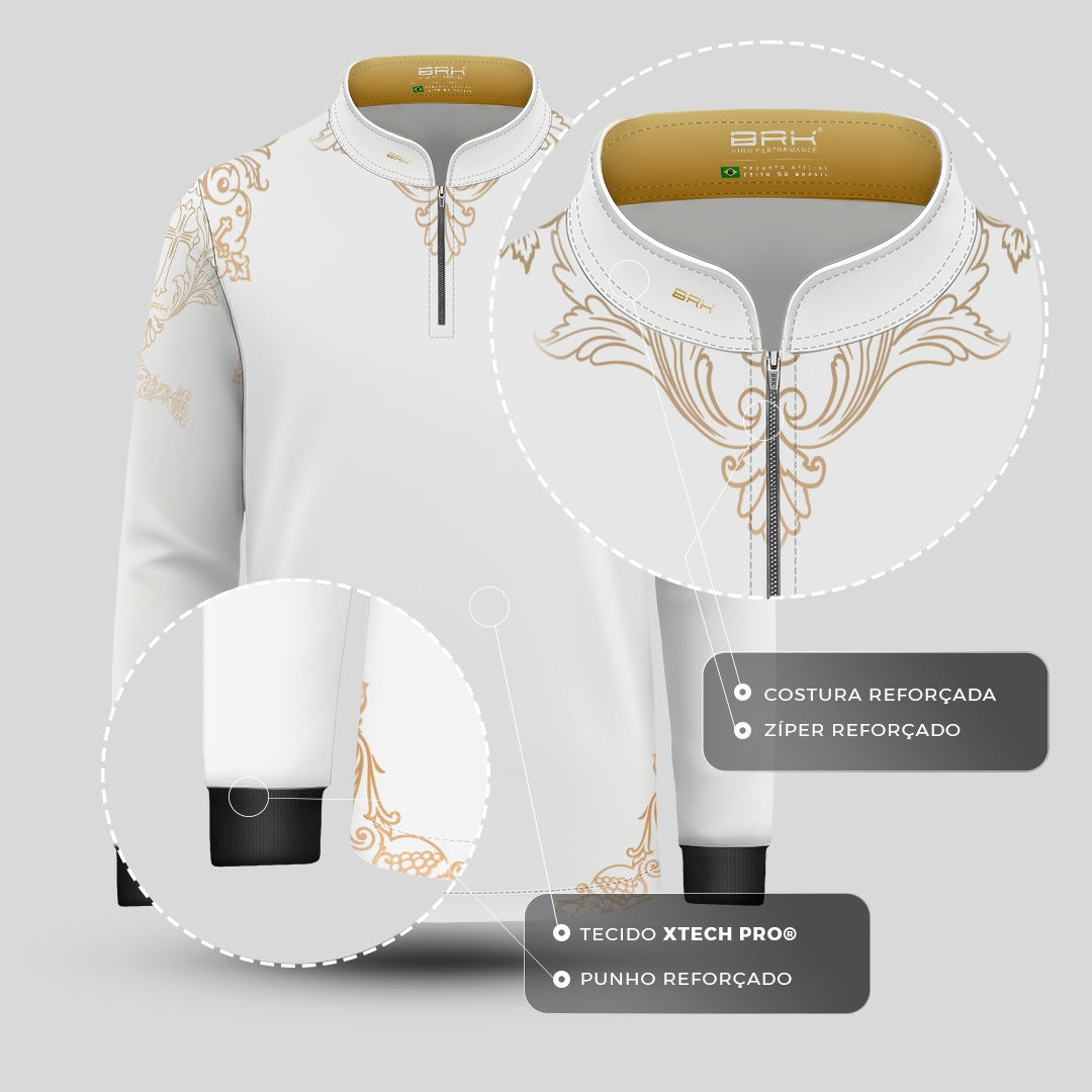 Camisa Infantil Nossa Senhora Aparecida Portuguesa Branco e Dourado com UV50