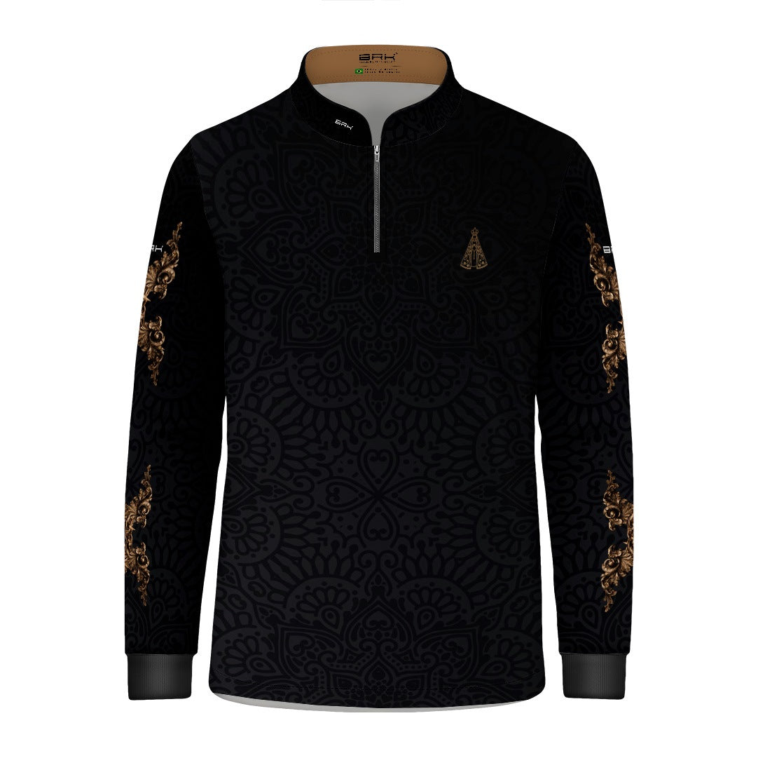 Camisa Infantil Nossa Senhora Aparecida Rogai por Nós Preto Ouro Velho com UV50