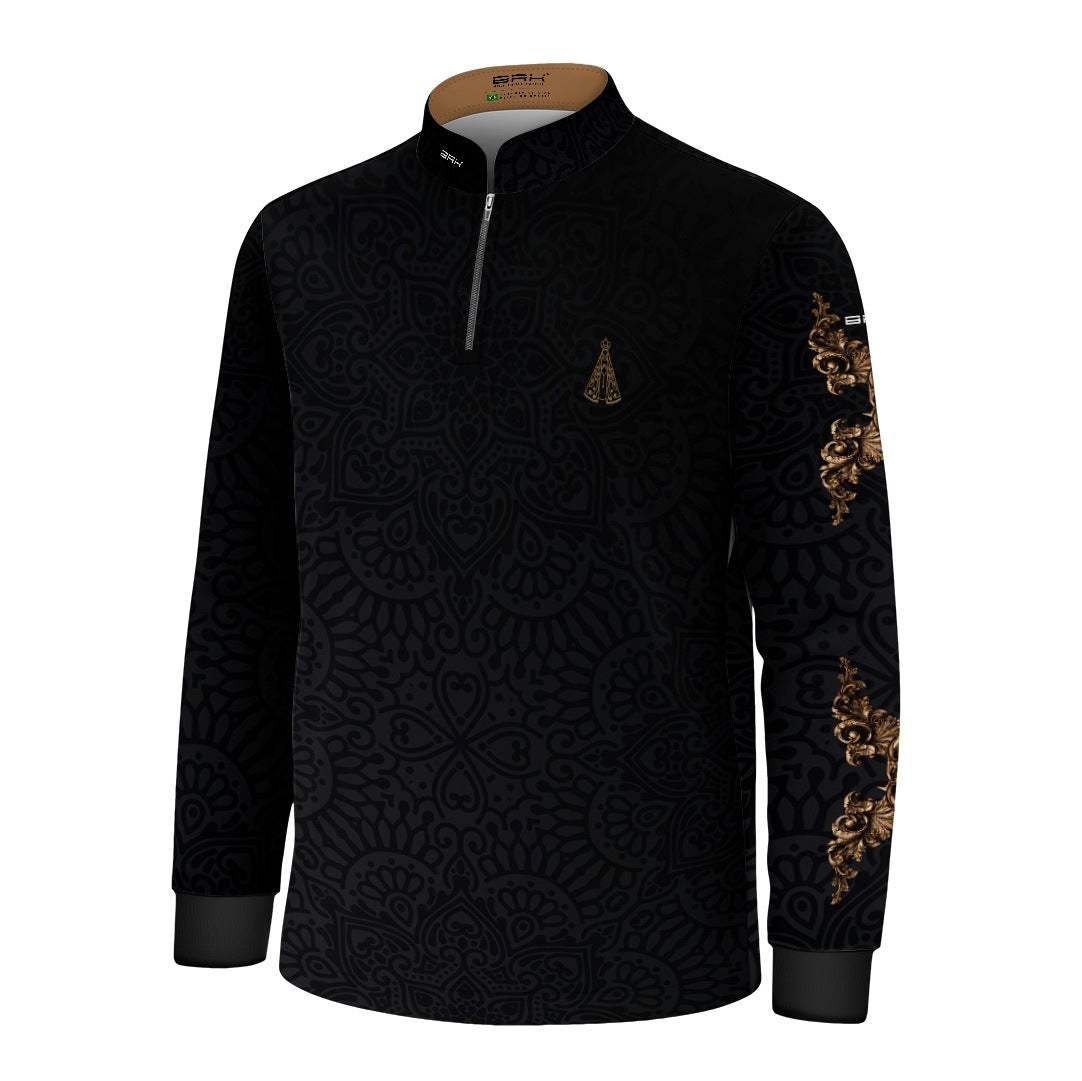 Camisa Infantil Nossa Senhora Aparecida Rogai por Nós Preto Ouro Velho com UV50