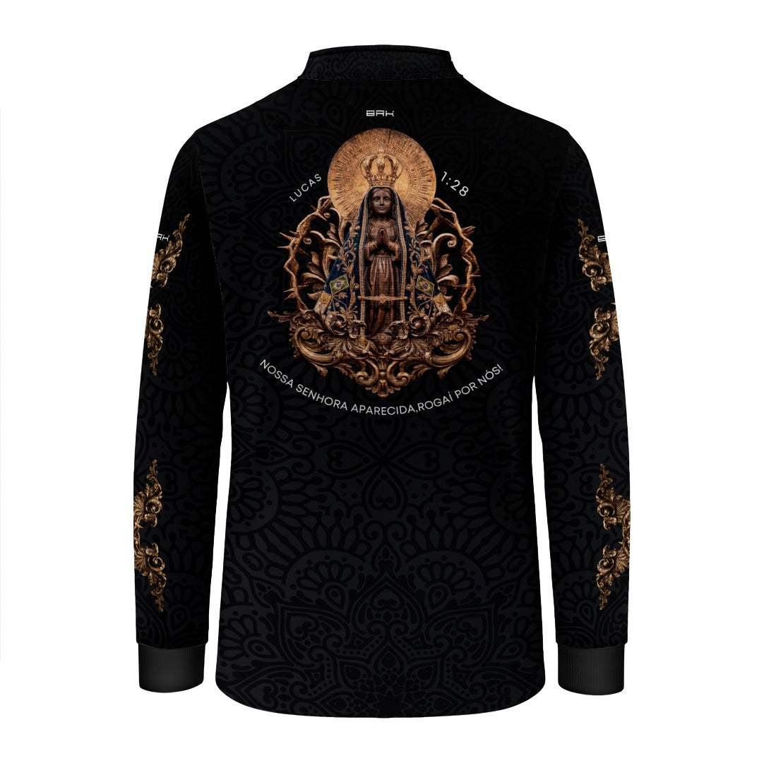 Camisa Infantil Nossa Senhora Aparecida Rogai por Nós Preto Ouro Velho com UV50