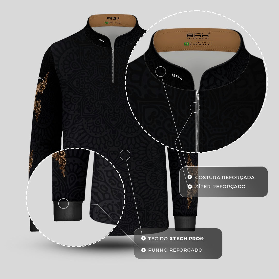 Camisa Infantil Nossa Senhora Aparecida Rogai por Nós Preto Ouro Velho com UV50