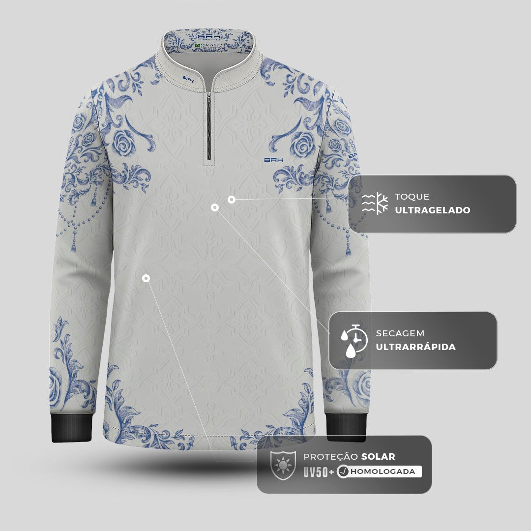 Camisa Infantil Nossa Senhora Aparecida Portuguesa Branco e Azul com UV50