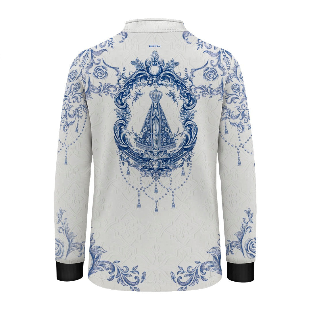 Camisa Infantil Nossa Senhora Aparecida Portuguesa Branco e Azul com UV50