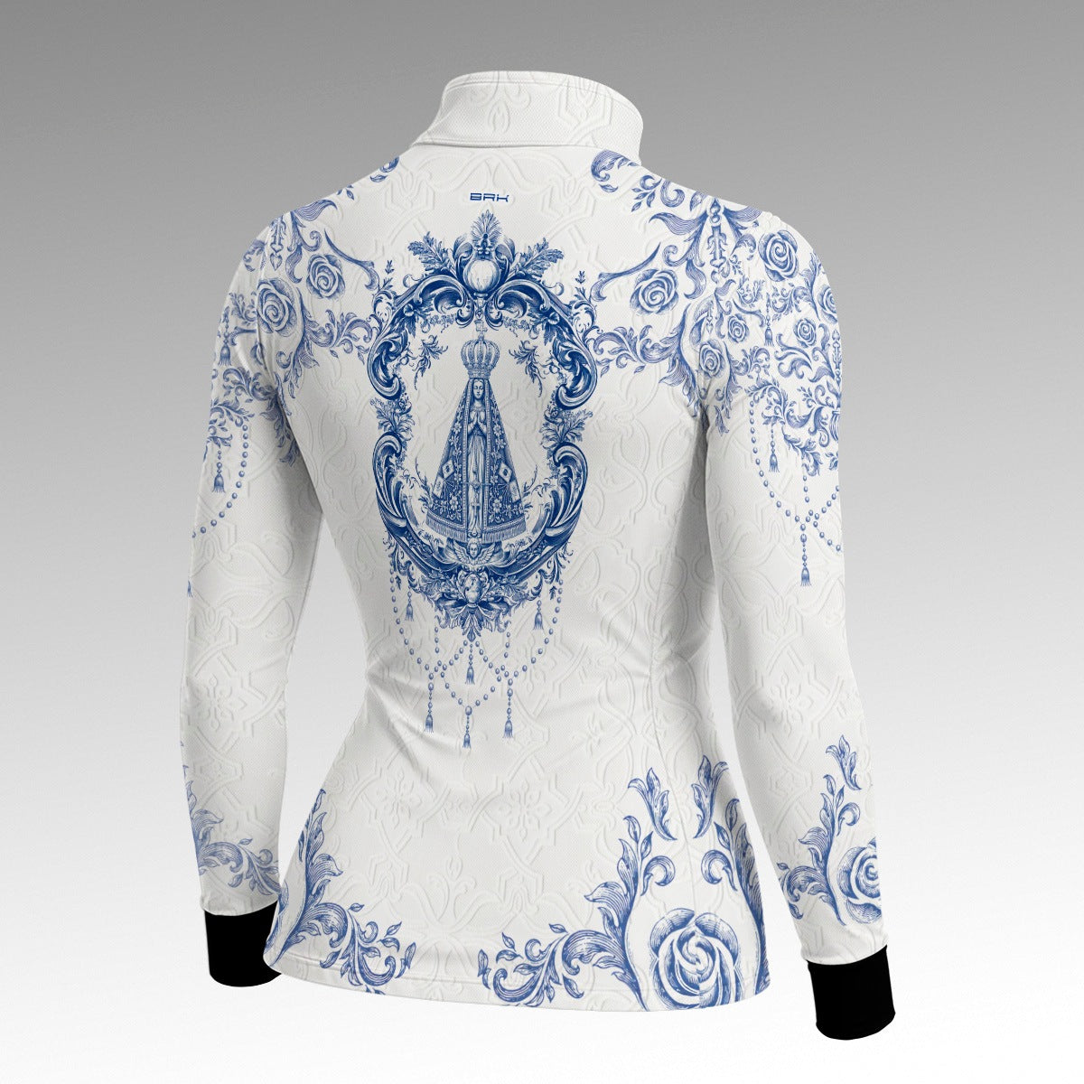 Camisa Feminina Nossa Senhora Aparecida Portuguesa Branco e Azul com UV50