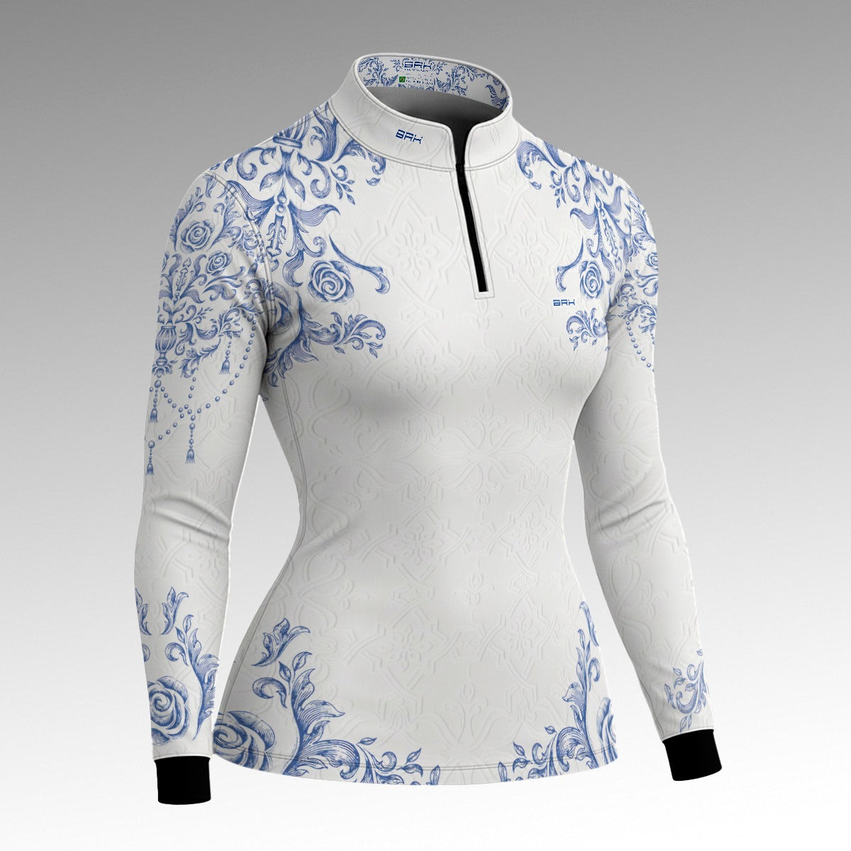 Camisa Feminina Nossa Senhora Aparecida Portuguesa Branco e Azul com UV50