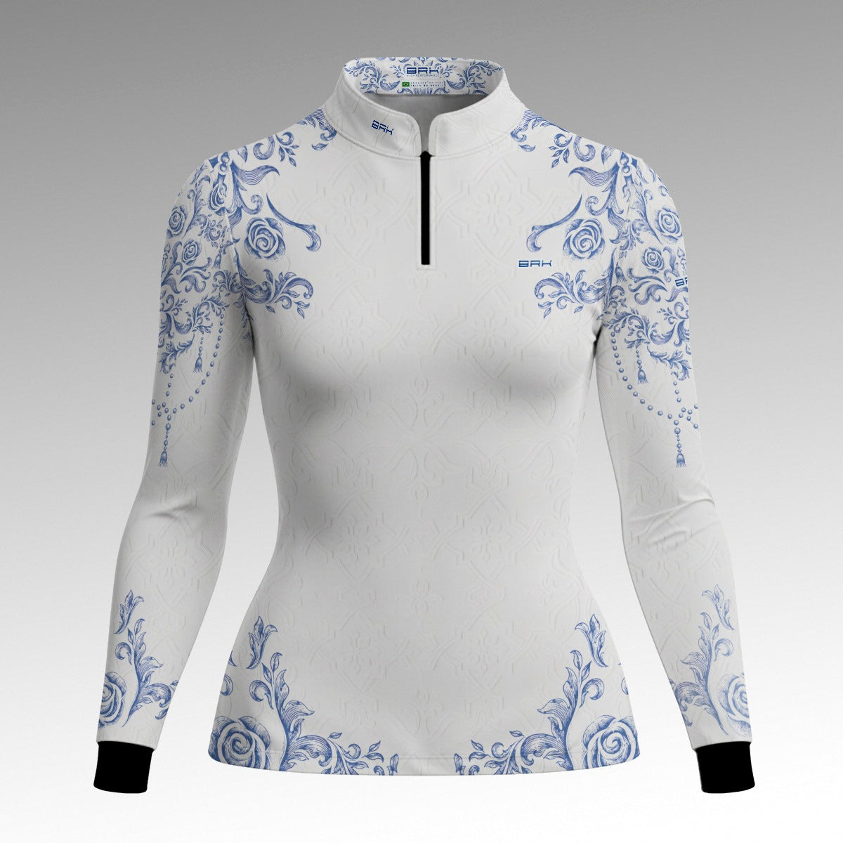 Camisa Feminina Nossa Senhora Aparecida Portuguesa Branco e Azul com UV50