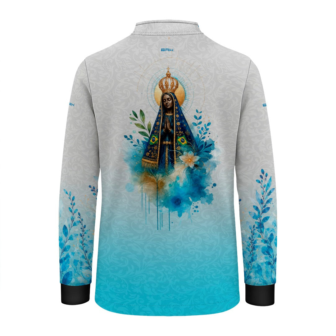 Camisa Infantil Nossa Senhora Aparecida Aquarela Branco e Azul com UV50