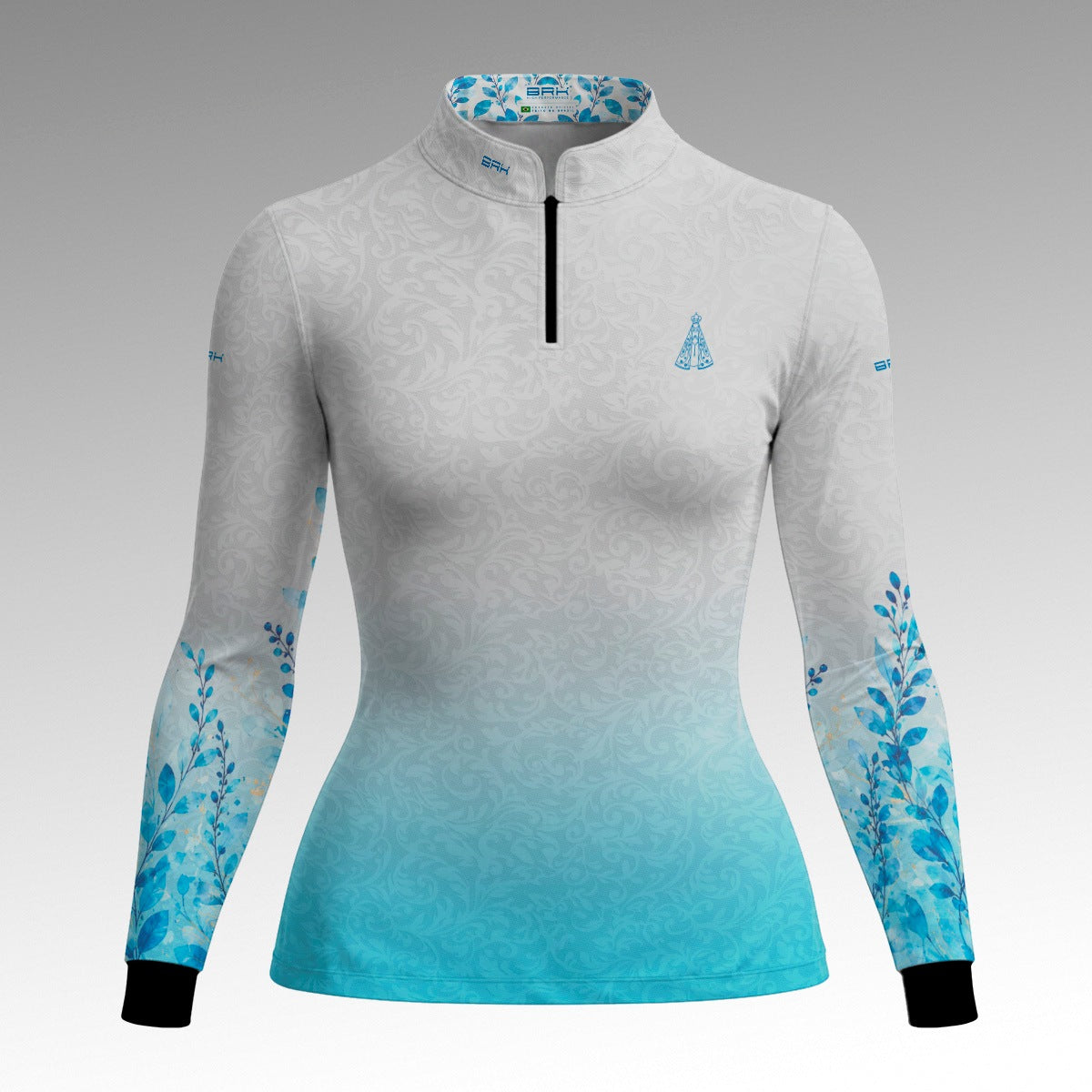 Camisa Feminina Nossa Senhora Aparecida Aquarela Branco e Azul com UV50