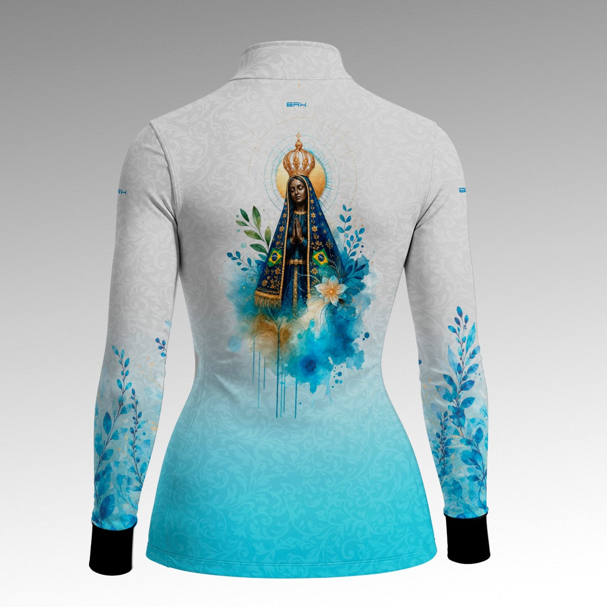 Camisa Feminina Nossa Senhora Aparecida Aquarela Branco e Azul com UV50