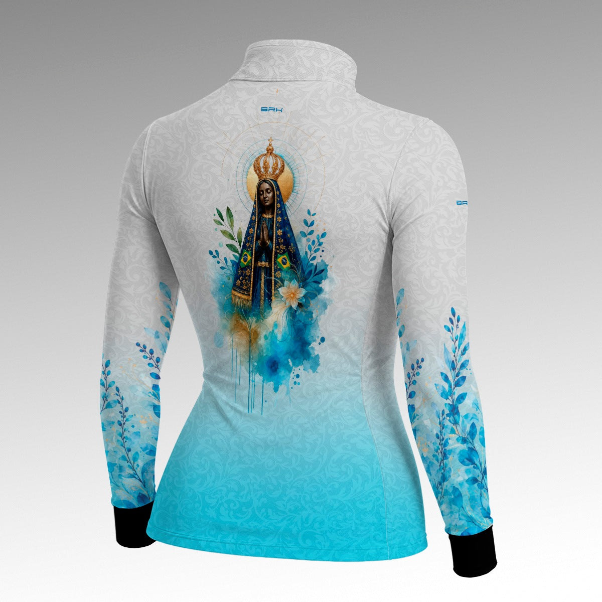 Camisa Feminina Nossa Senhora Aparecida Aquarela Branco e Azul com UV50