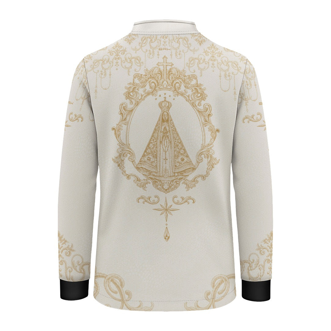 Camisa Infantil Nossa Senhora Aparecida Rainha Creme e Dourado com UV50