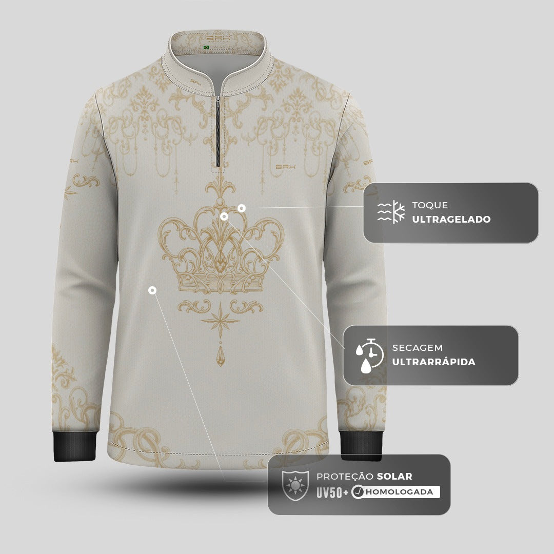 Camisa Infantil Nossa Senhora Aparecida Rainha Creme e Dourado com UV50