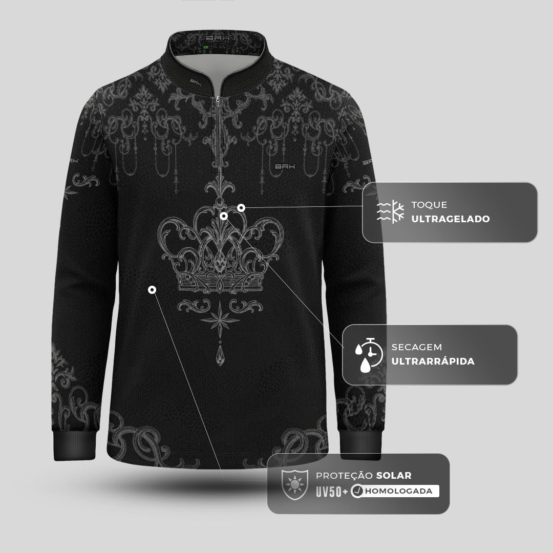 Camisa Infantil Nossa Senhora Aparecida Rainha Preto e Prata com UV50