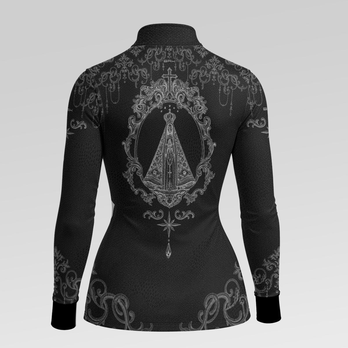 Camisa Feminina Nossa Senhora Aparecida Rainha Preto e Prata com UV50