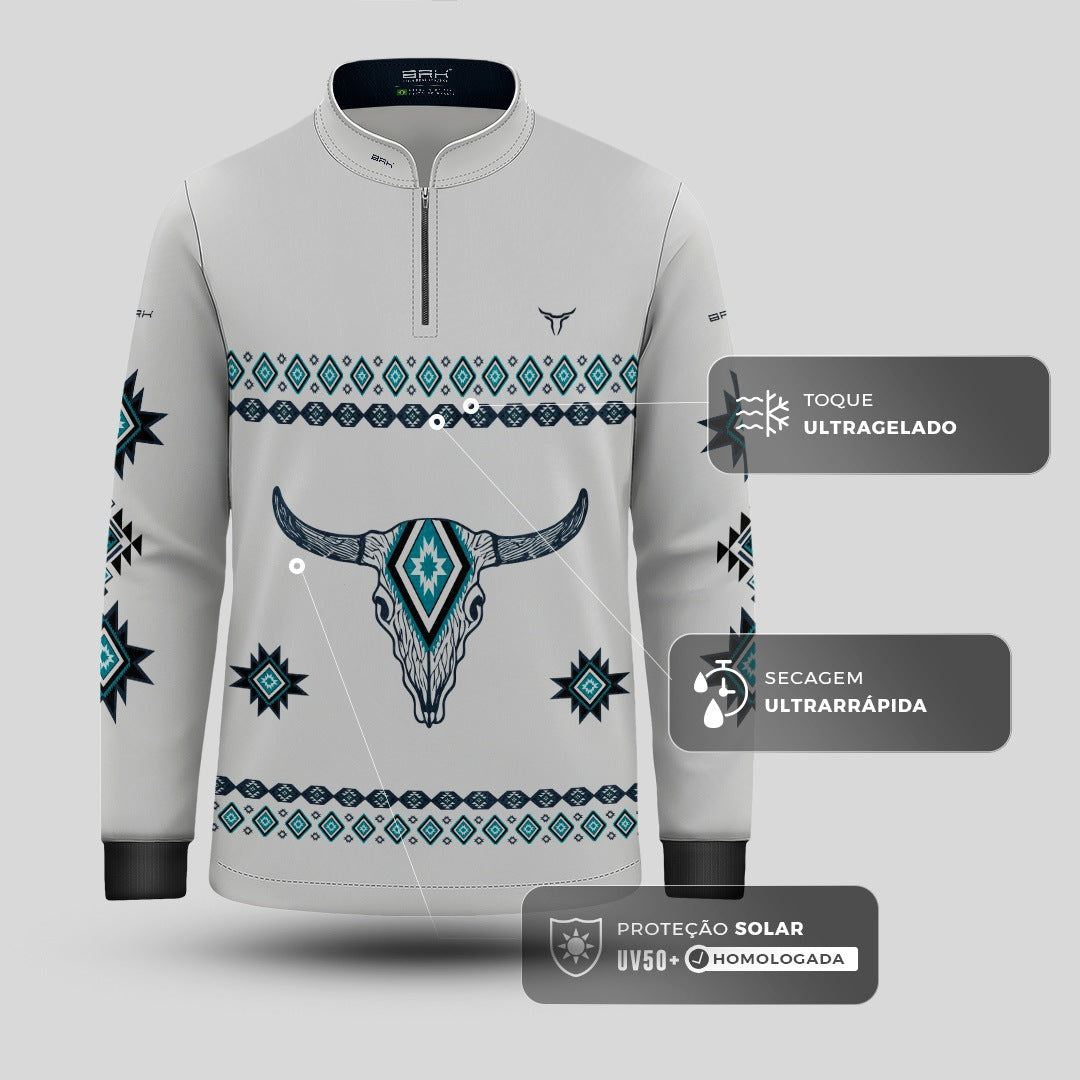 Camisa Infantil Longhorn Apache Azul e Branco com UV50 - Brk Agro