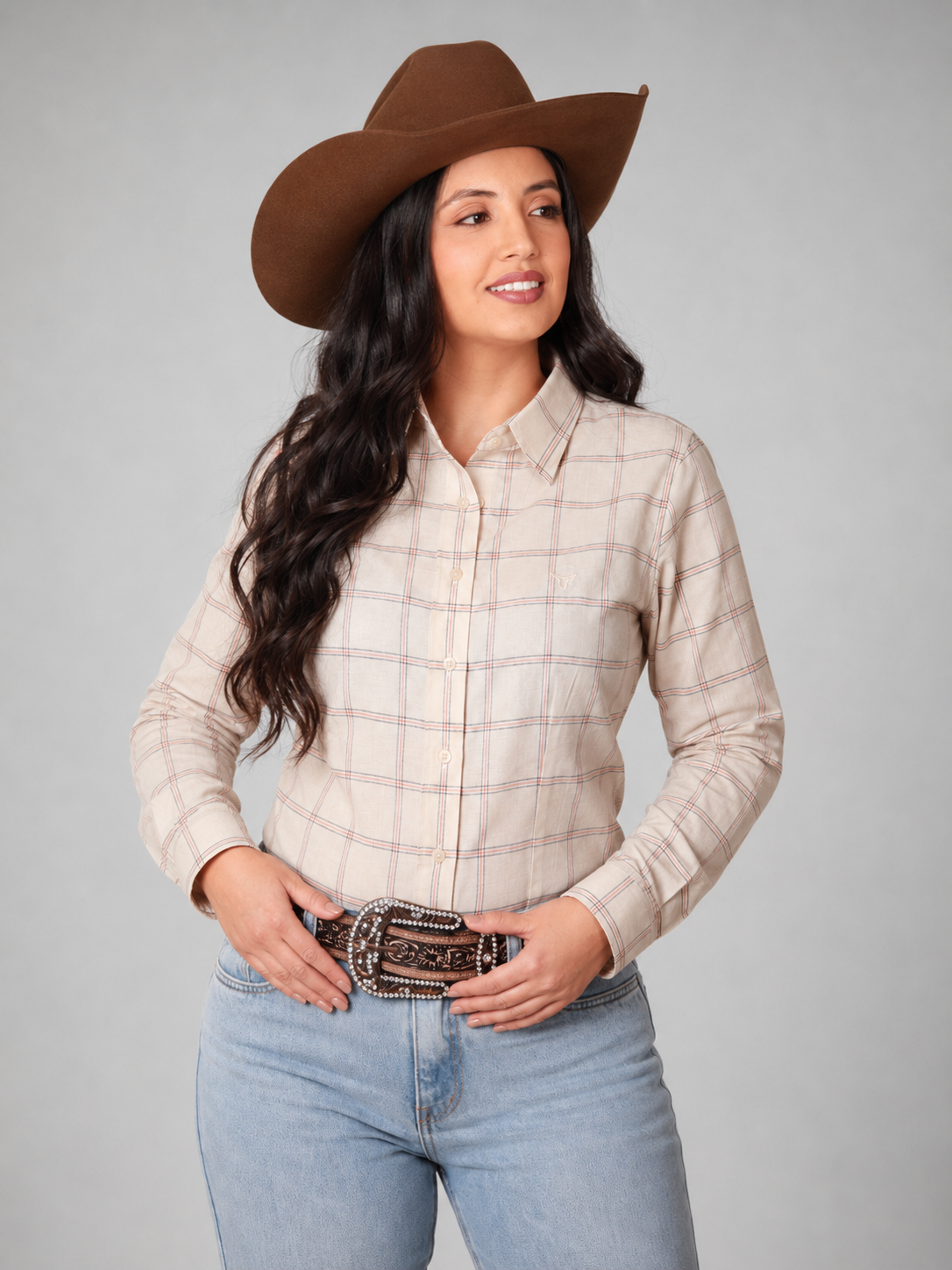 Camisa Feminina Brk  M/L Ranch Bege e Laranja