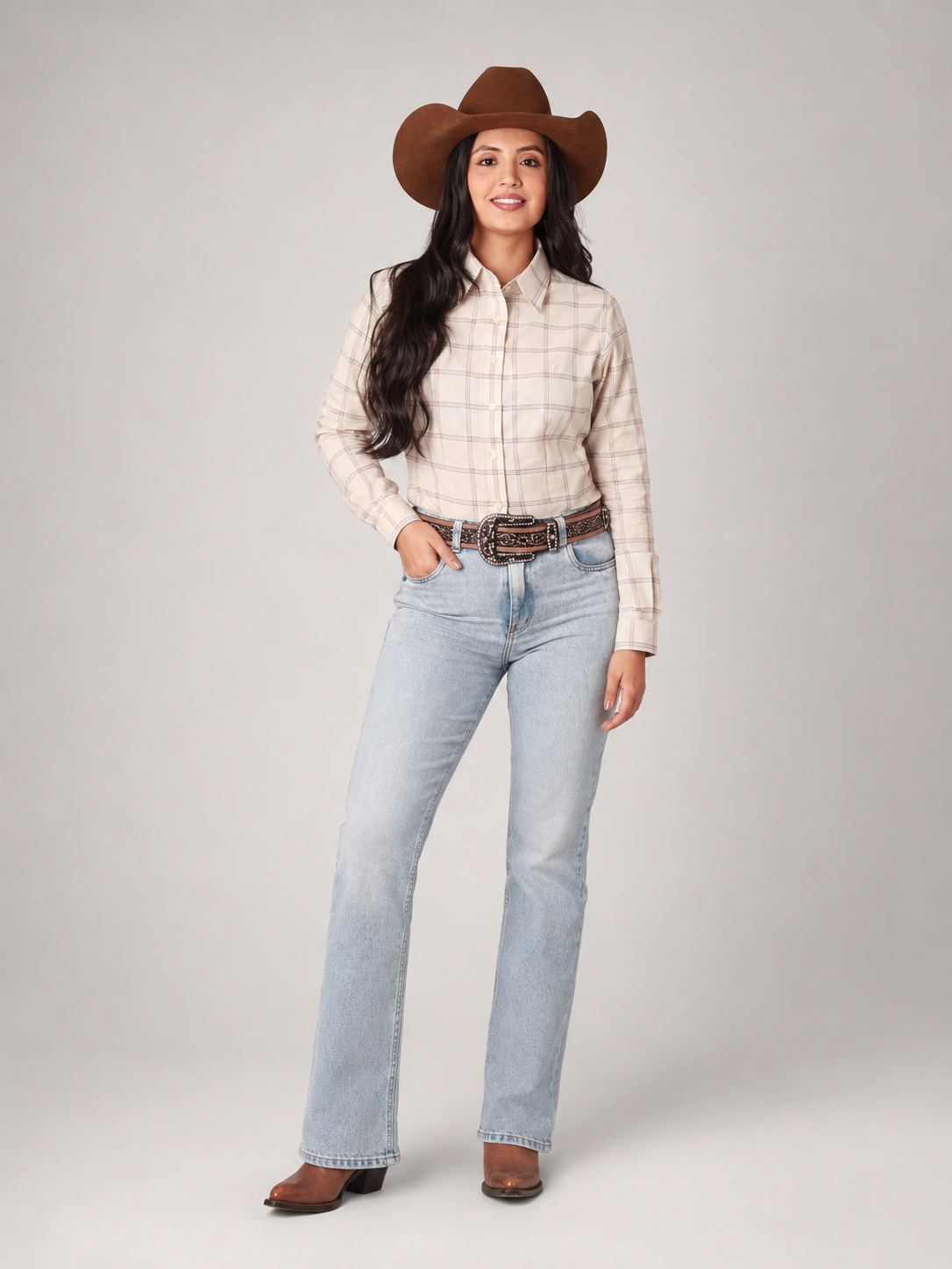 Camisa Feminina Brk  M/L Ranch Bege e Laranja