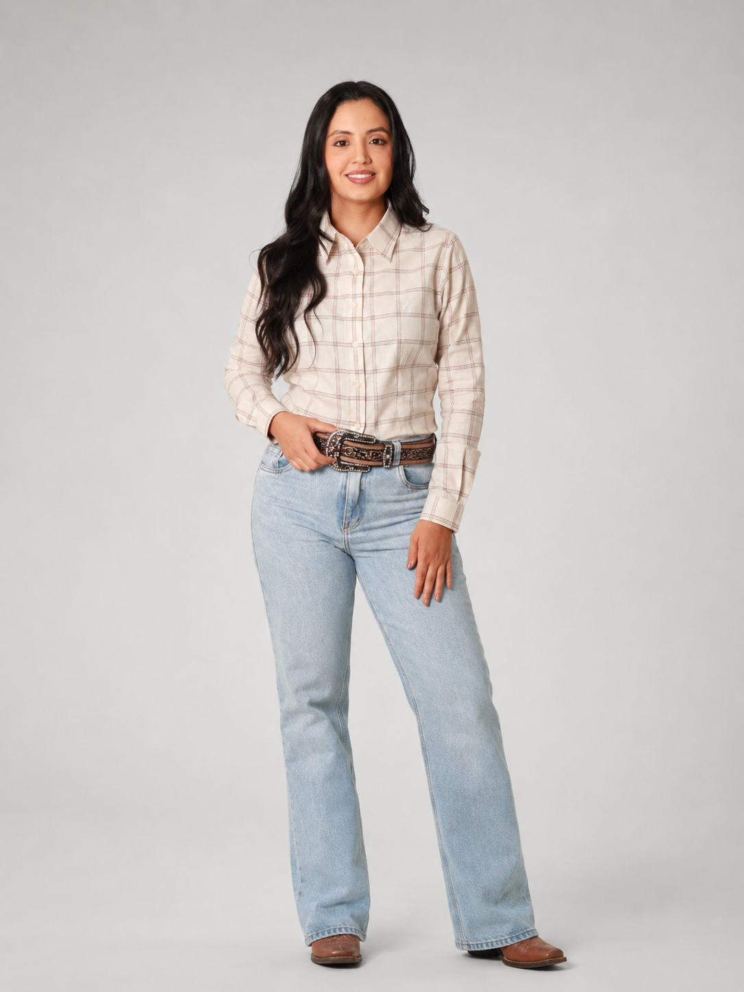 Camisa Feminina Brk  M/L Ranch Bege e Laranja