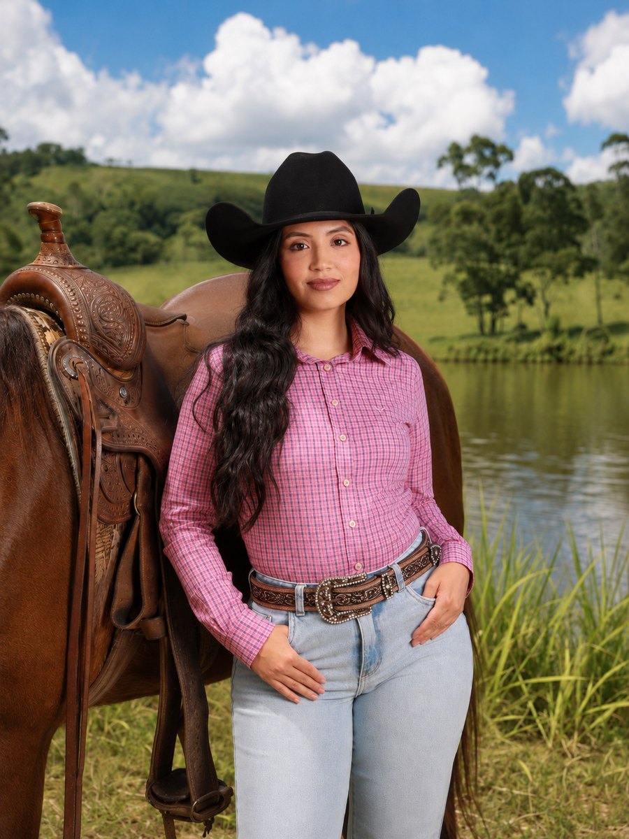 Camisa Feminina BRK M/L Western Rosa Chiclete