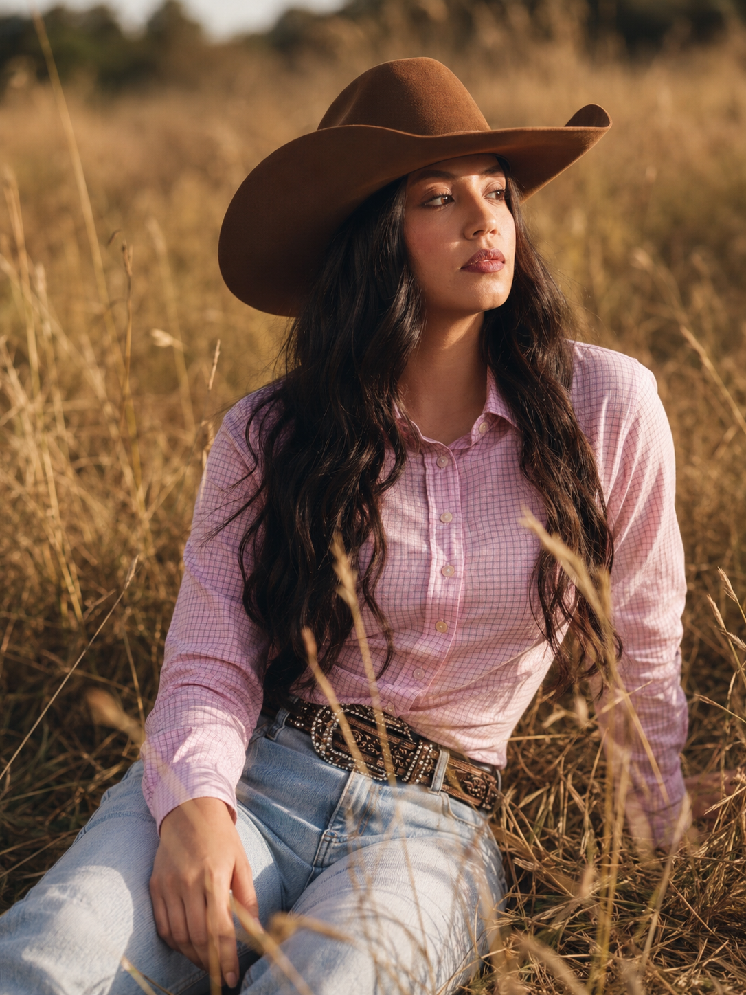Camisa Feminina BRK M/L Western Rosa Claro