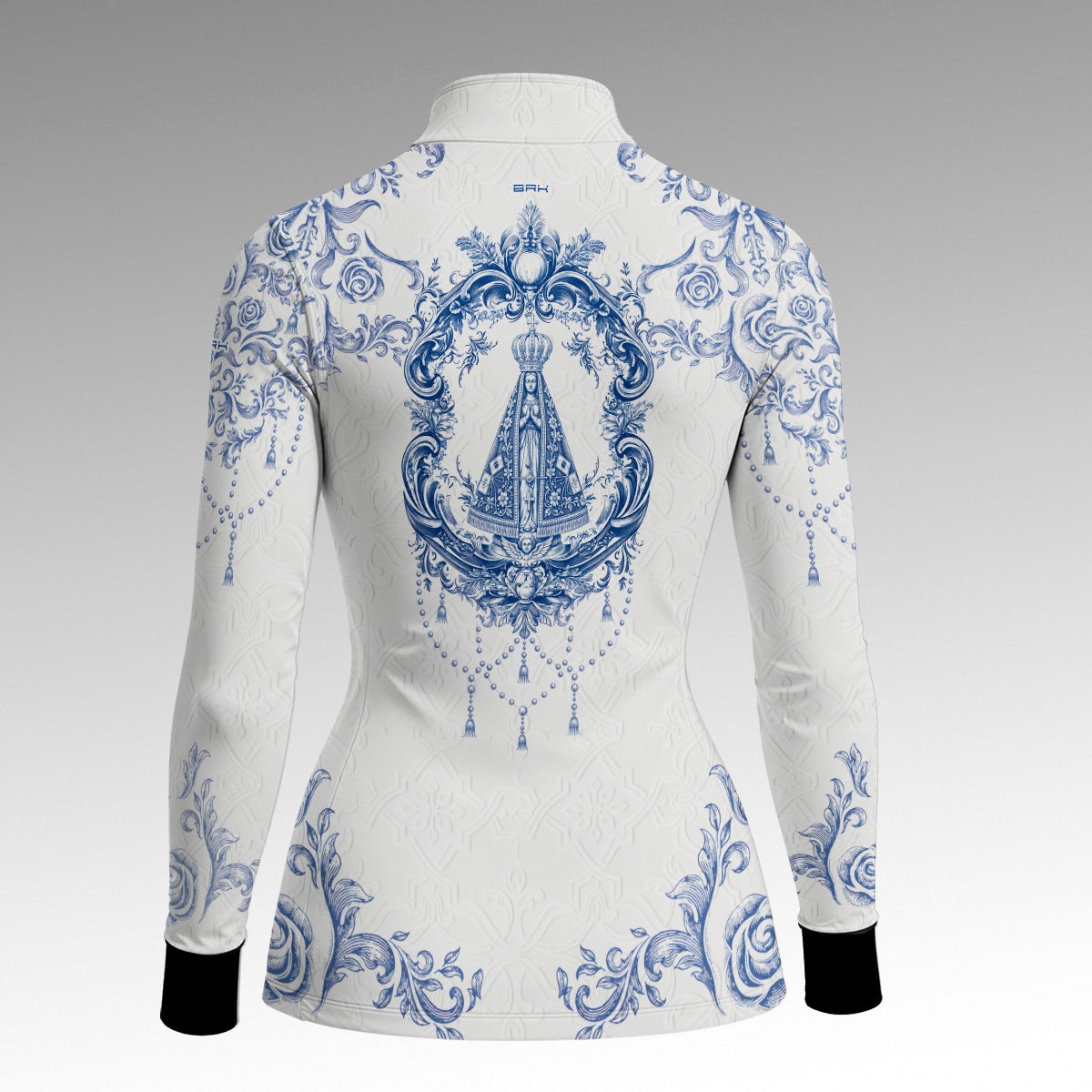Camisa Feminina Nossa Senhora Aparecida Portuguesa Branco e Azul com UV50