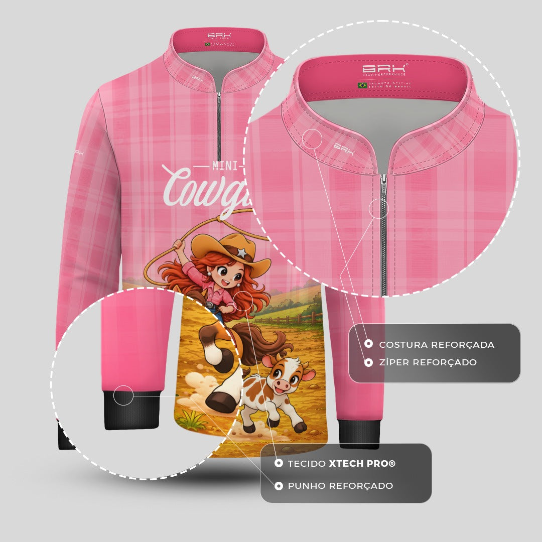 Camisa Infantil Mini Cowgirl Menina Country Rosa com Proteção UV50