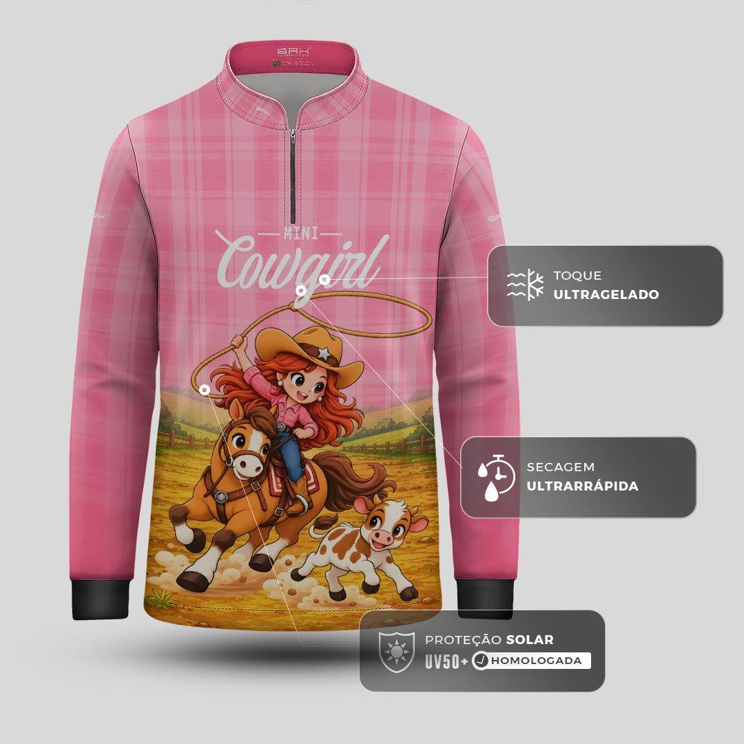 Camisa Infantil Mini Cowgirl Menina Country Rosa com Proteção UV50