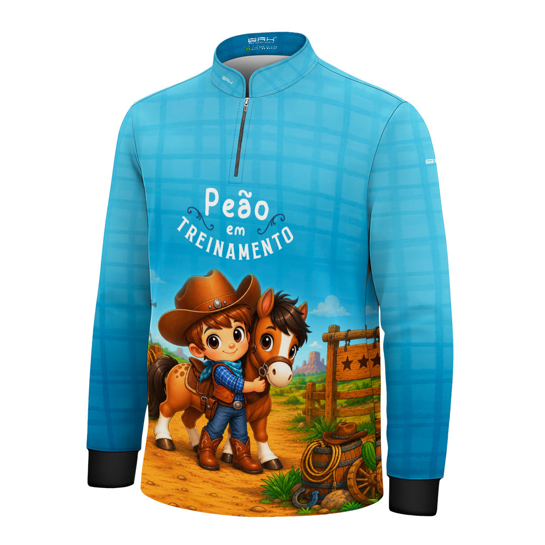 Camisa Infantil Peão em Treinamento Cowboy Azul com Proteção UV50