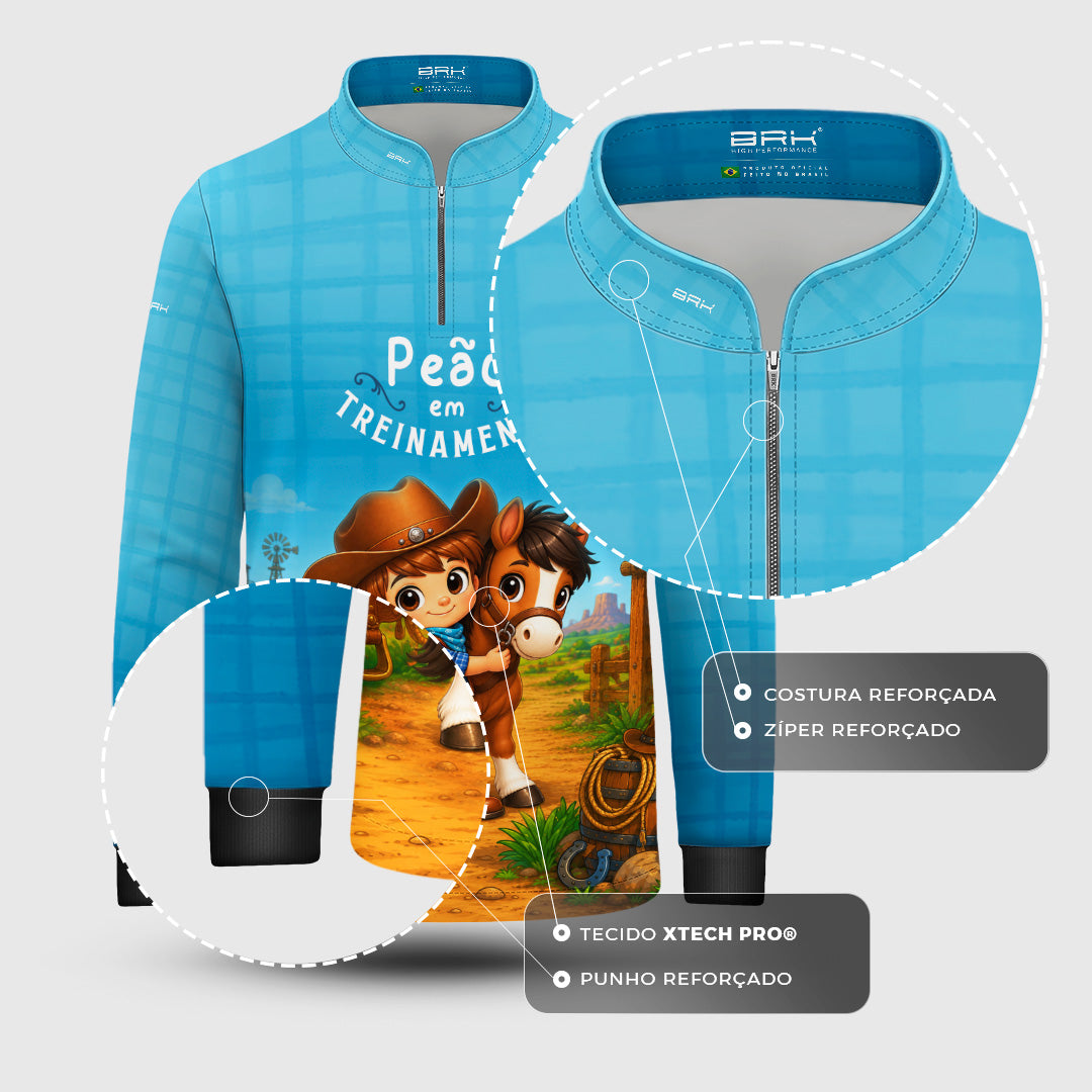Camisa Infantil Peão em Treinamento Cowboy Azul com Proteção UV50
