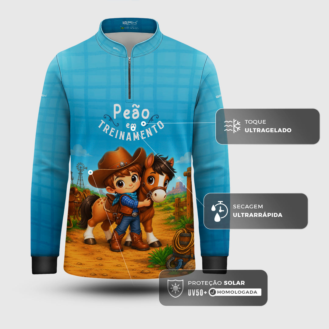 Camisa Infantil Peão em Treinamento Cowboy Azul com Proteção UV50