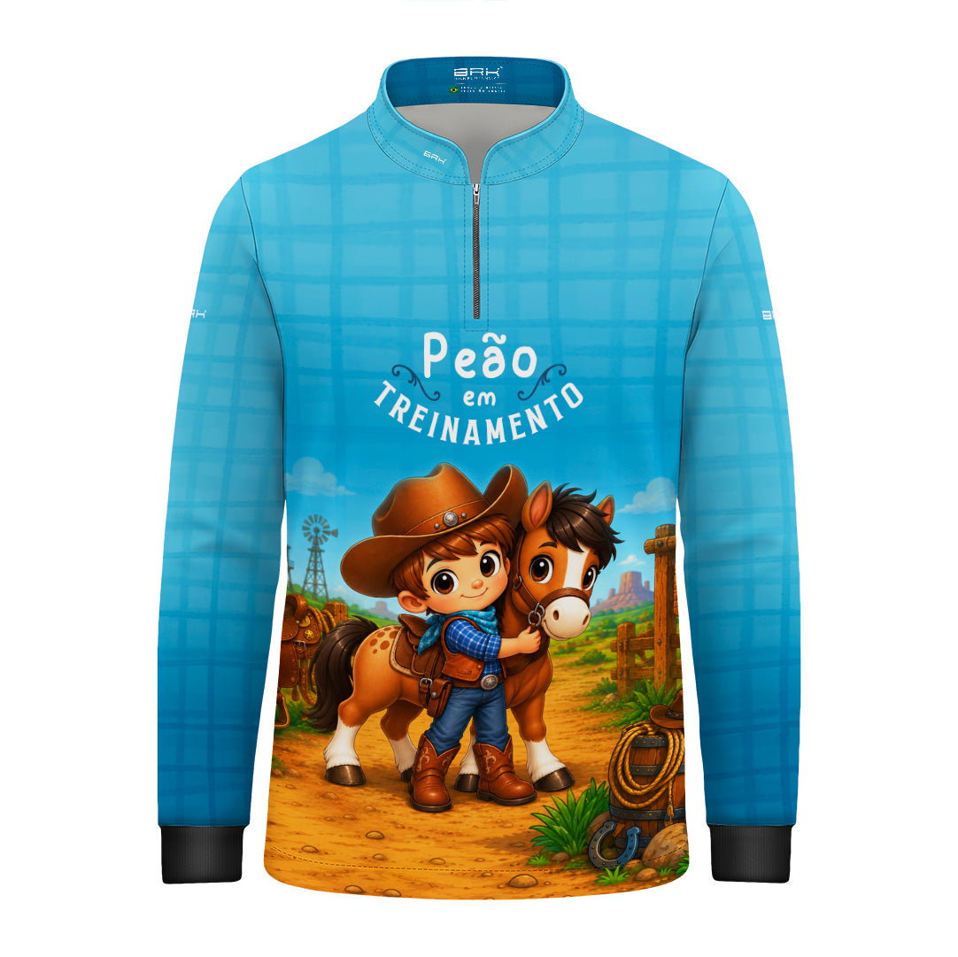 Camisa Infantil Peão em Treinamento Cowboy Azul com Proteção UV50