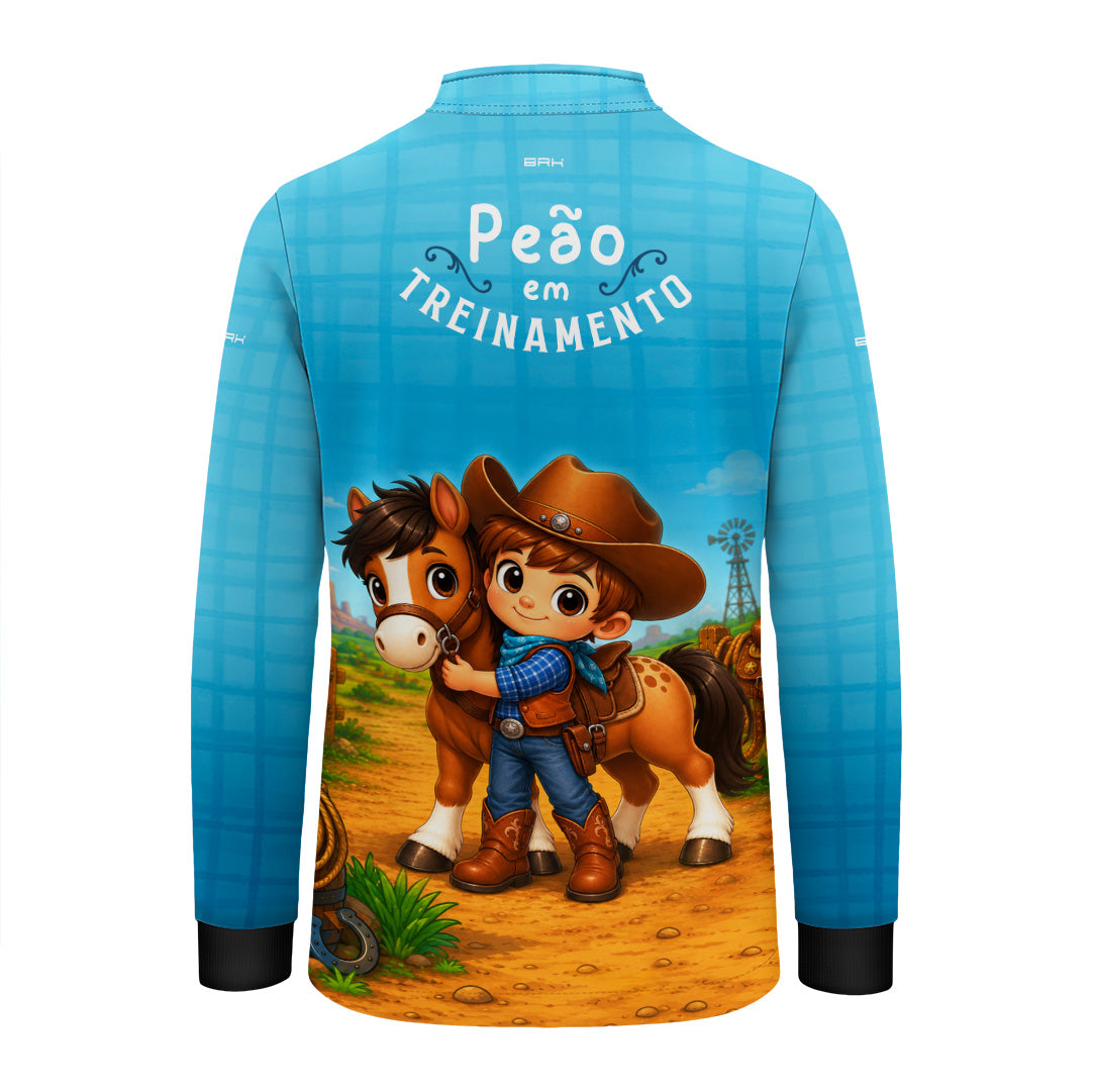 Camisa Infantil Peão em Treinamento Cowboy Azul com Proteção UV50
