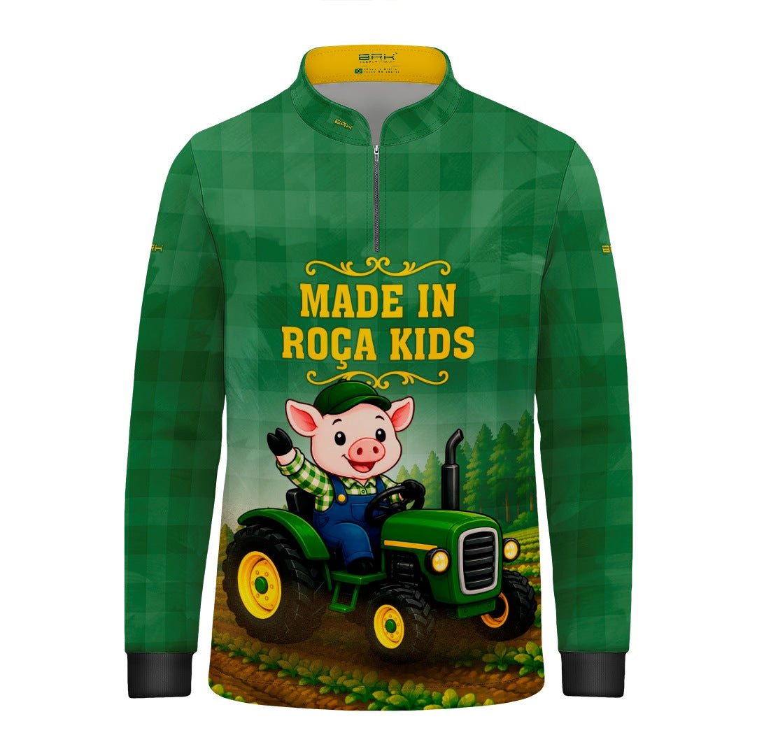 Camisa Infantil Made in Roça Porquinho Trator Xadrez Verde com Proteção UV50