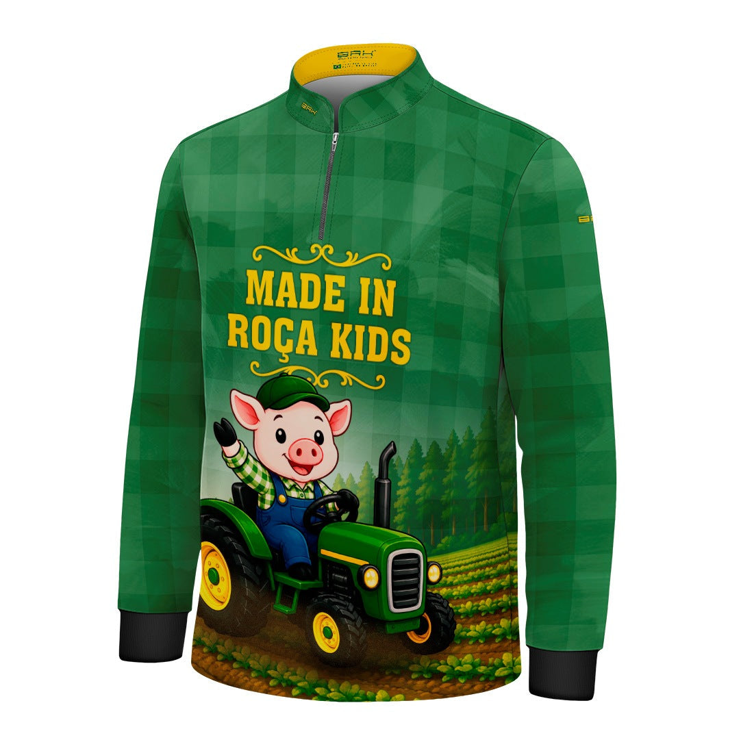 Camisa Infantil Made in Roça Porquinho Trator Xadrez Verde com Proteção UV50