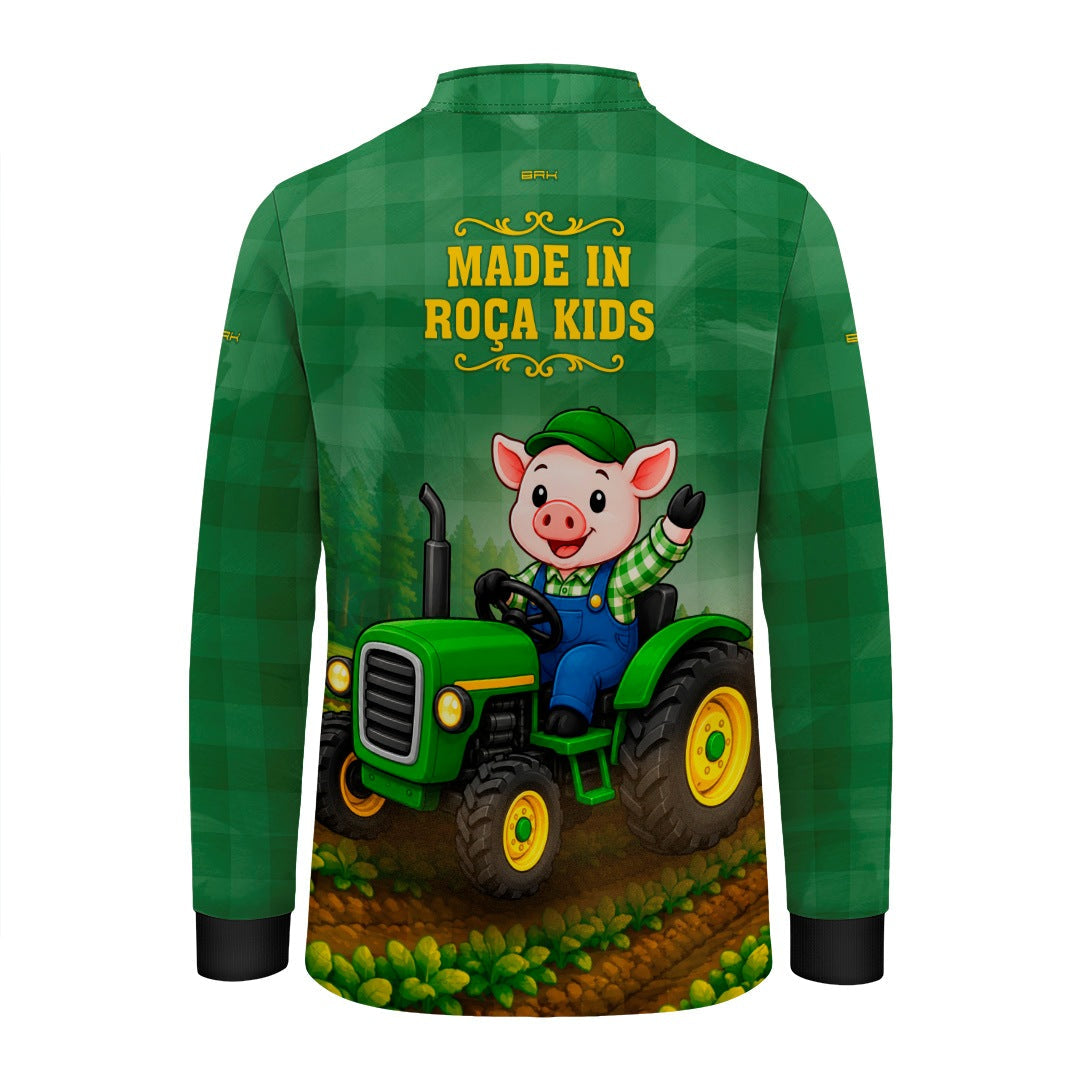 Camisa Infantil Made in Roça Porquinho Trator Xadrez Verde com Proteção UV50